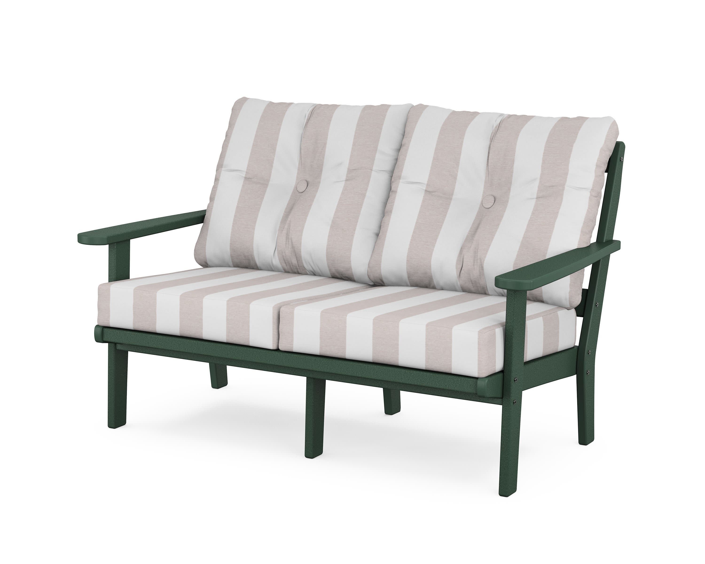 Cape Cod Deep Seating Loveseat in Rainforest Canopy / Cabana Stripe Dune Burlap