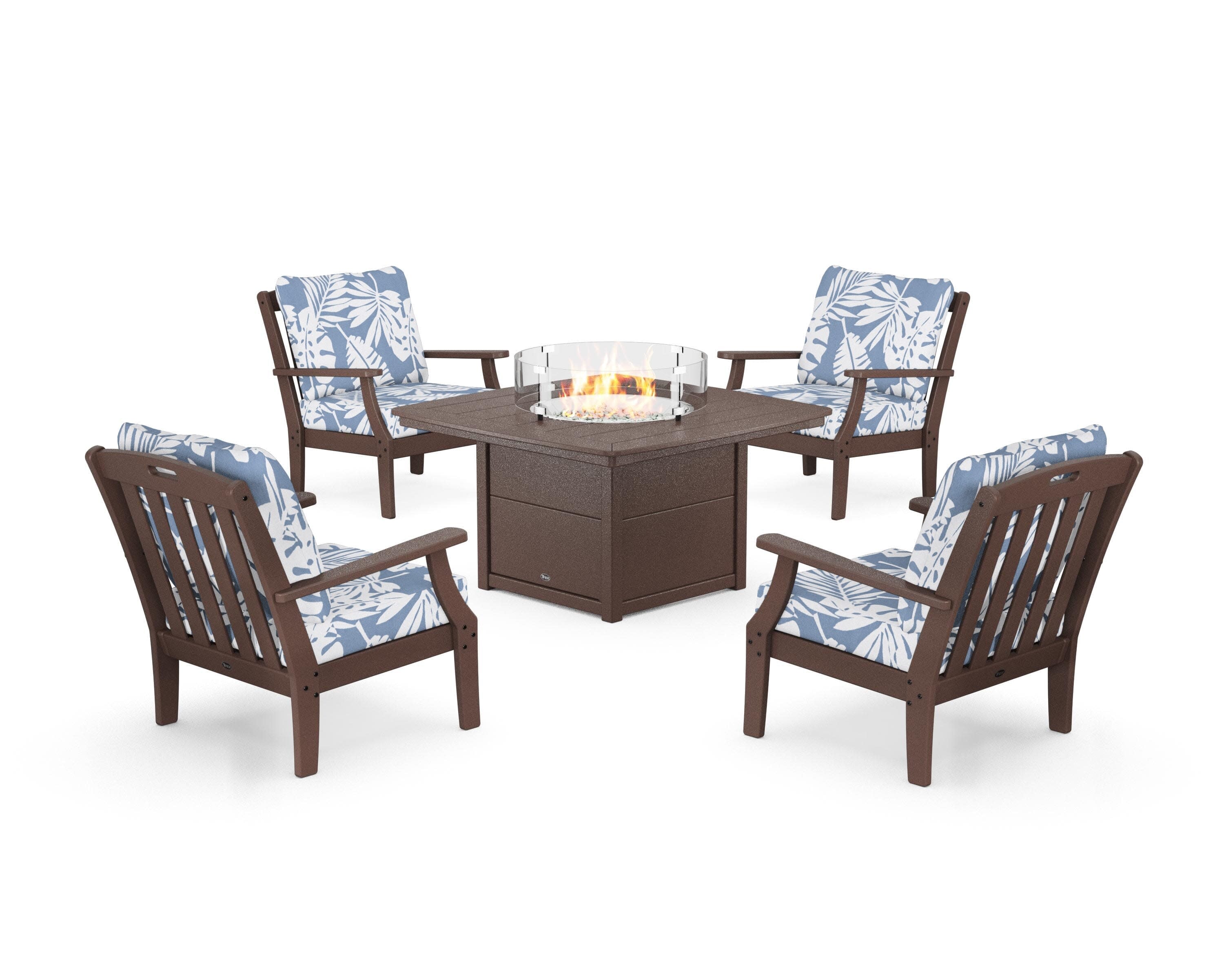 Yacht Club 5-Piece Deep Seating Set with Fire Pit Table in Vintage Lantern / Leaf Sky Blue