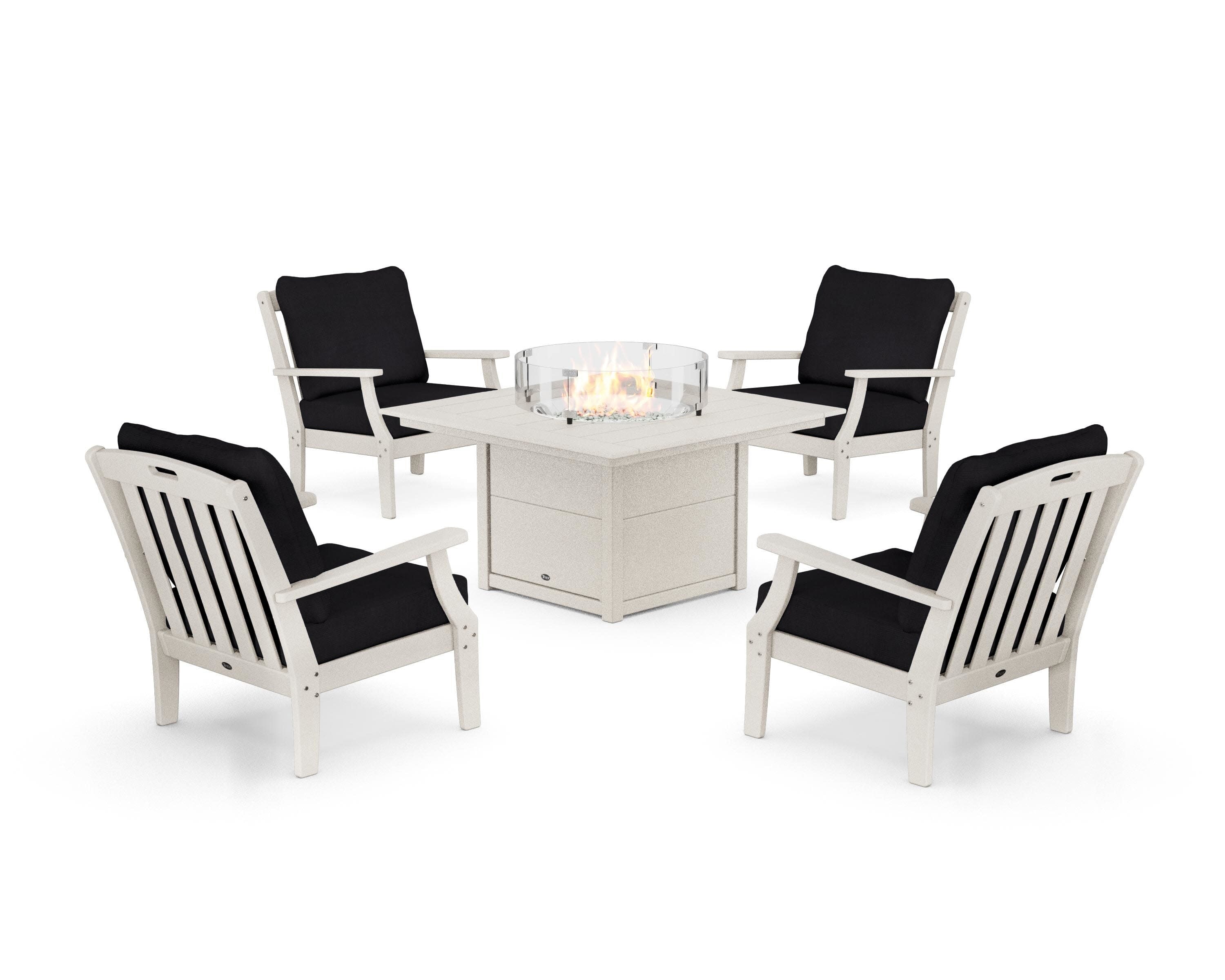 Yacht Club 5-Piece Deep Seating Set with Square Fire Pit Table in Sand Castle / Midnight Linen