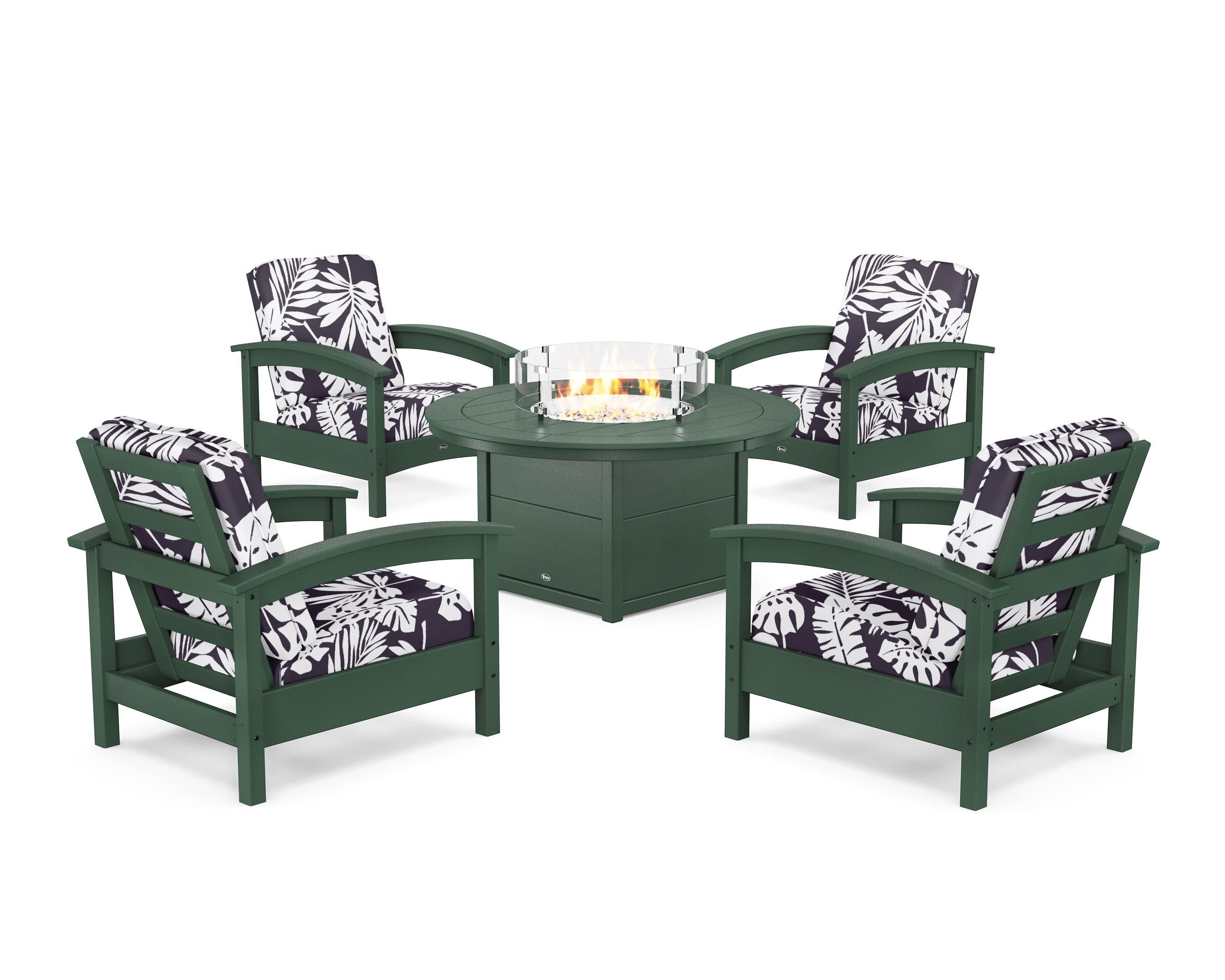 Rockport 5-Piece Deep Seating Set with Round Fire Pit Table in Rainforest Canopy / Leaf Navy