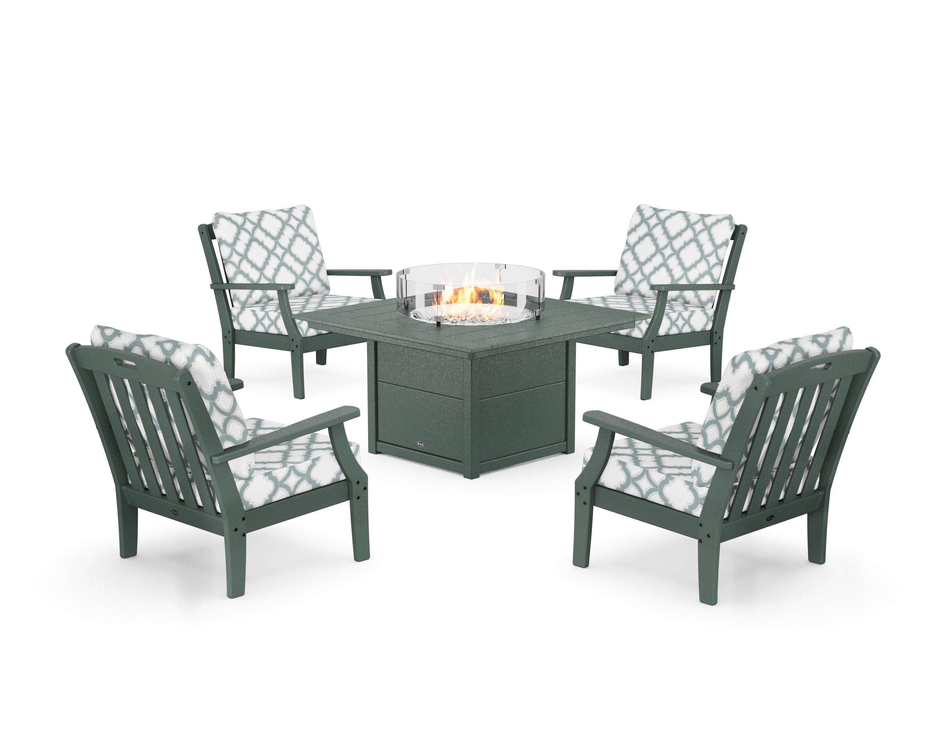 Yacht Club 5-Piece Deep Seating Set with Square Fire Pit Table in Rainforest Canopy / Trellis Glacier Spa