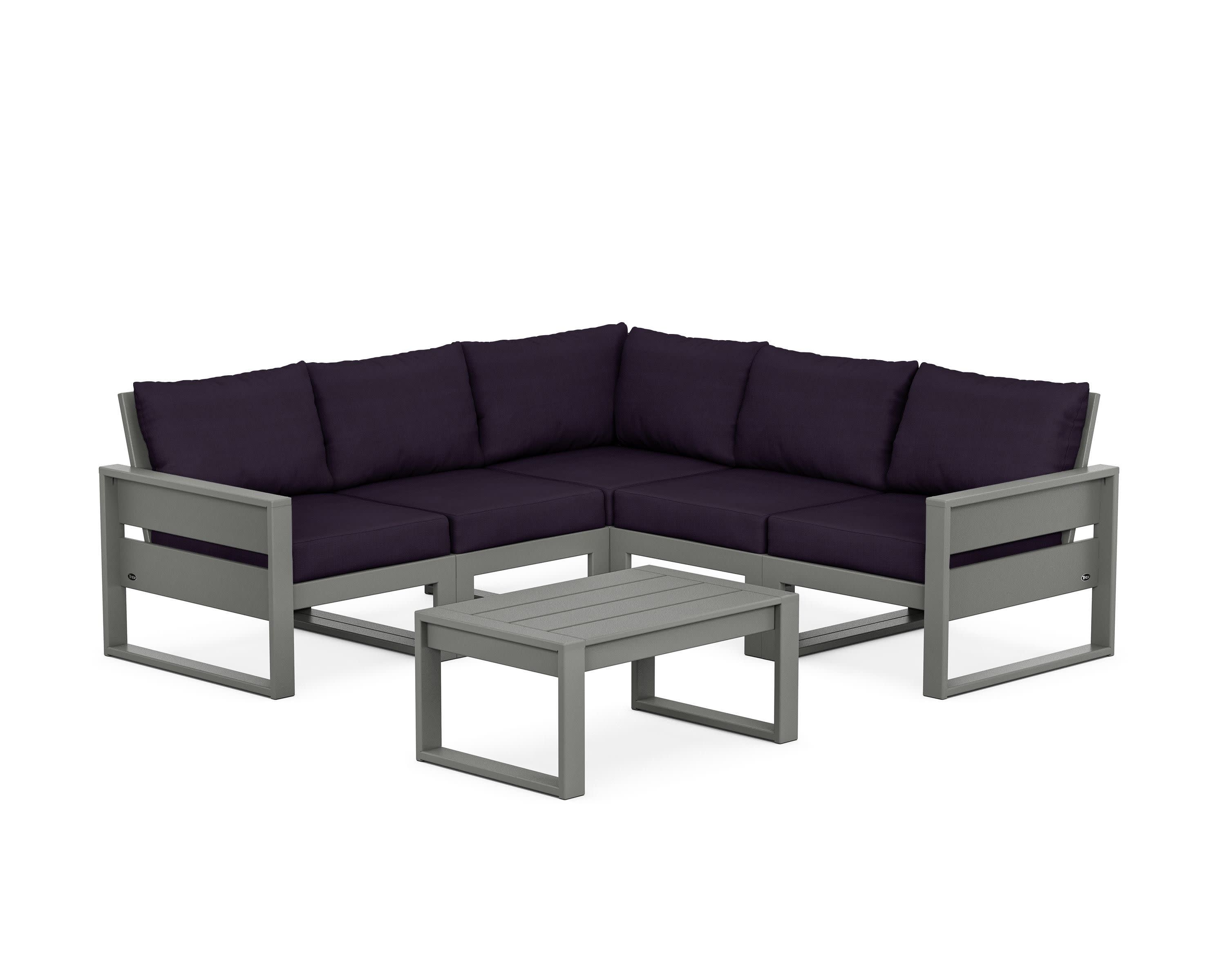 Eastport 6-Piece Deep Seating Sectional + Coffee Table Set in Stepping Stone / Navy Linen
