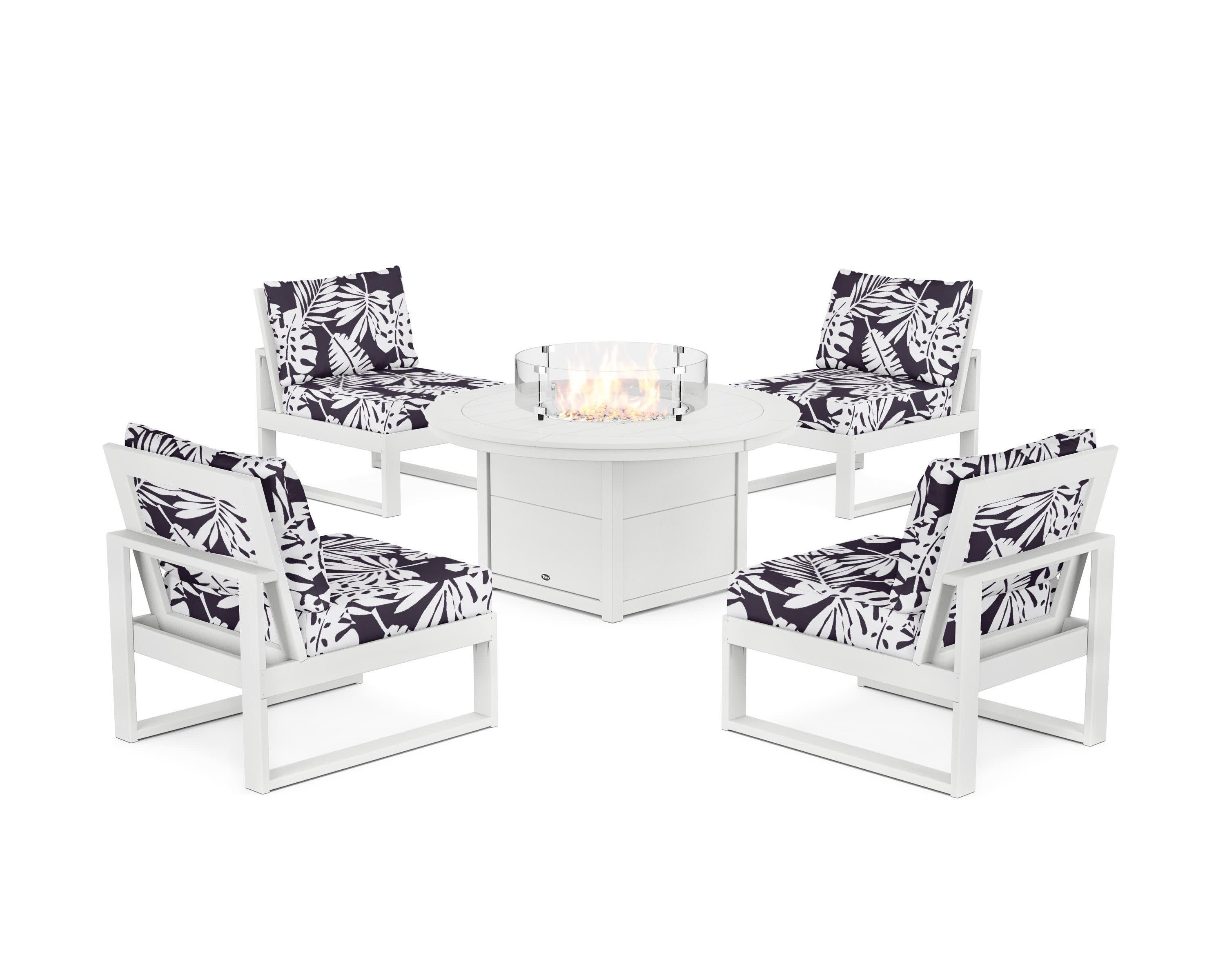 Eastport Modular 5-Piece Deep Seating Set with Round Fire Pit Table in Classic White / Leaf Navy