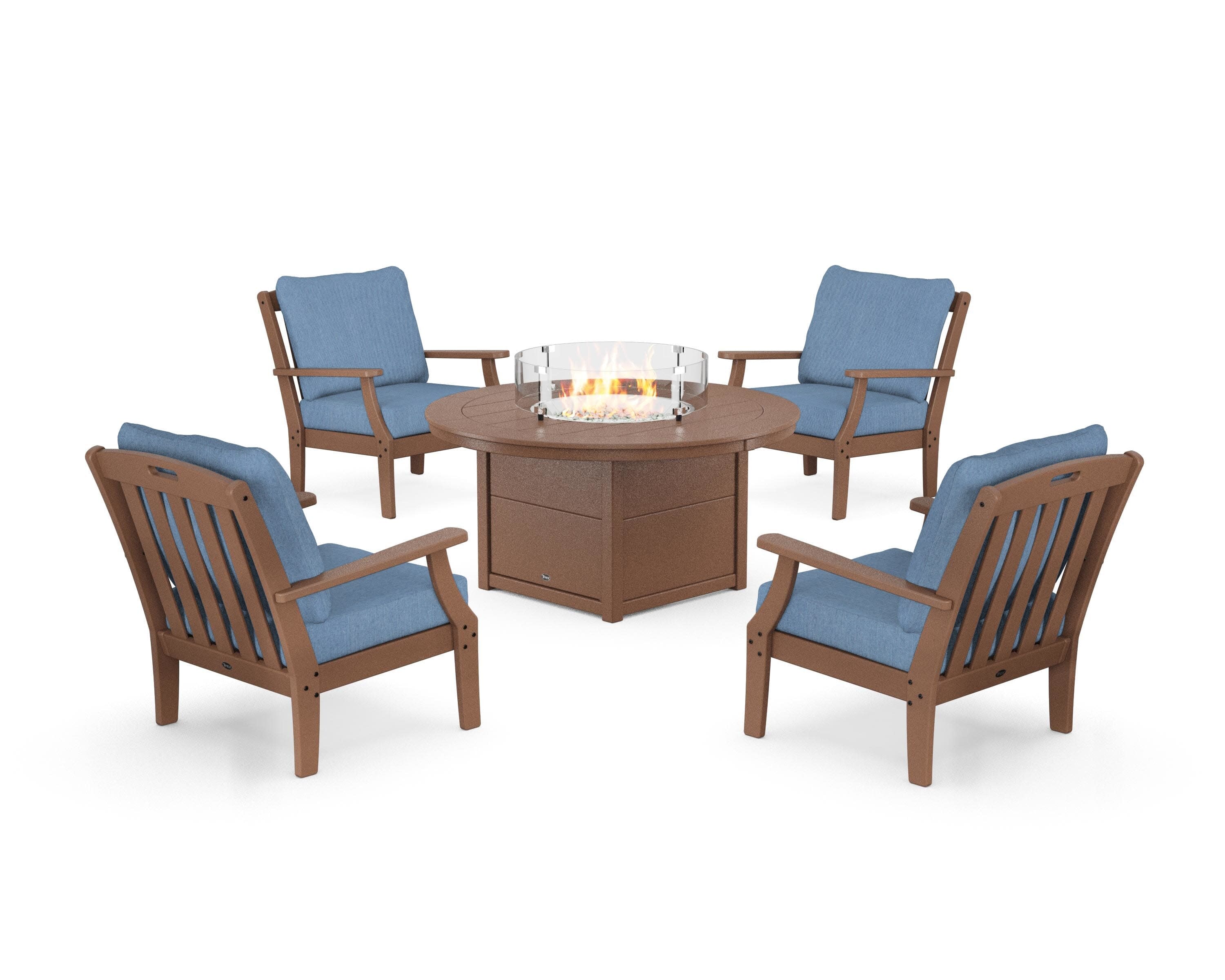 Yacht Club 5-Piece Deep Seating Set with Round Fire Pit Table in Tree House / Sky Blue