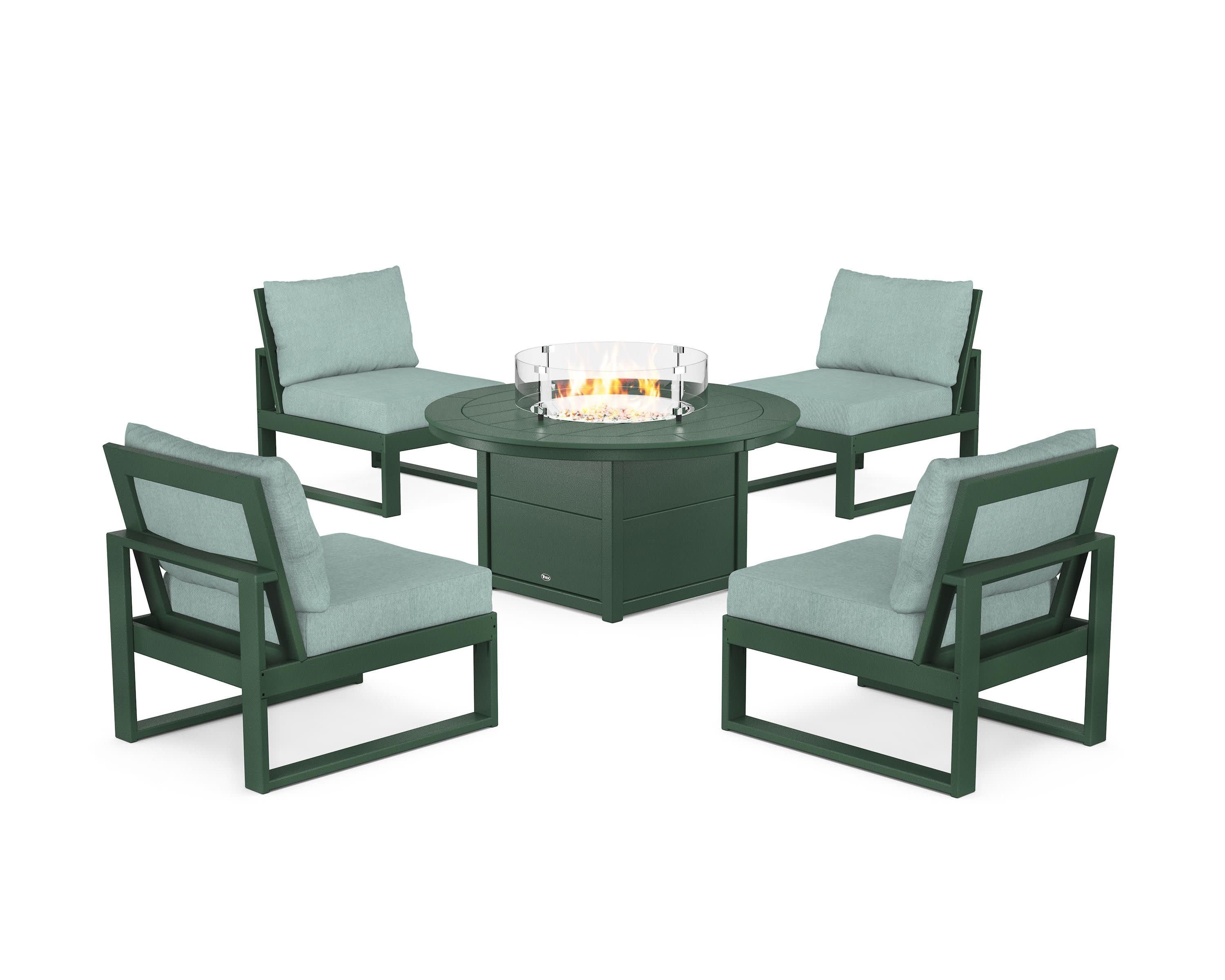 Eastport Modular 5-Piece Deep Seating Set with Round Fire Pit Table in Rainforest Canopy / Glacier Spa