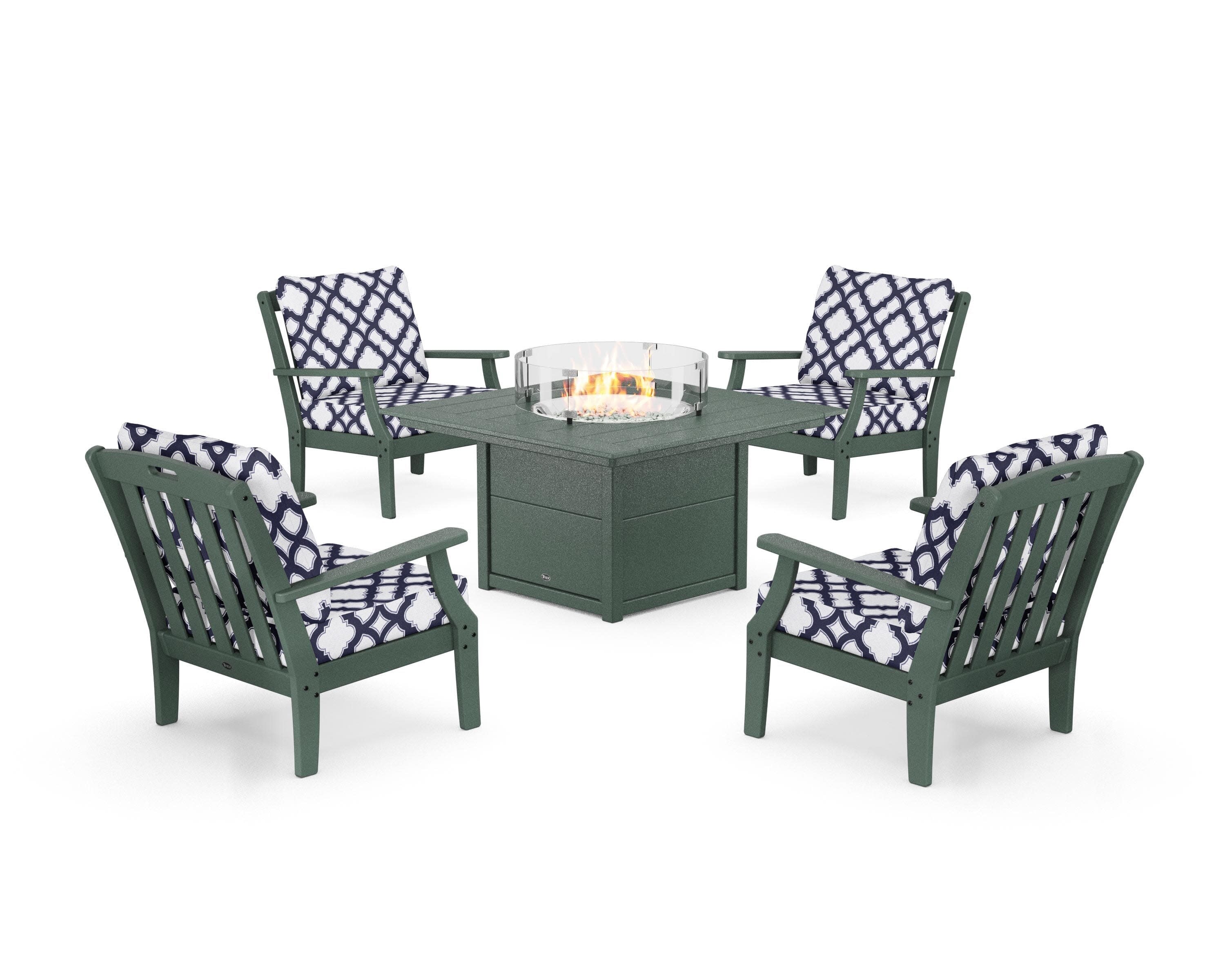 Yacht Club 5-Piece Deep Seating Set with Square Fire Pit Table in Rainforest Canopy / Trellis Navy