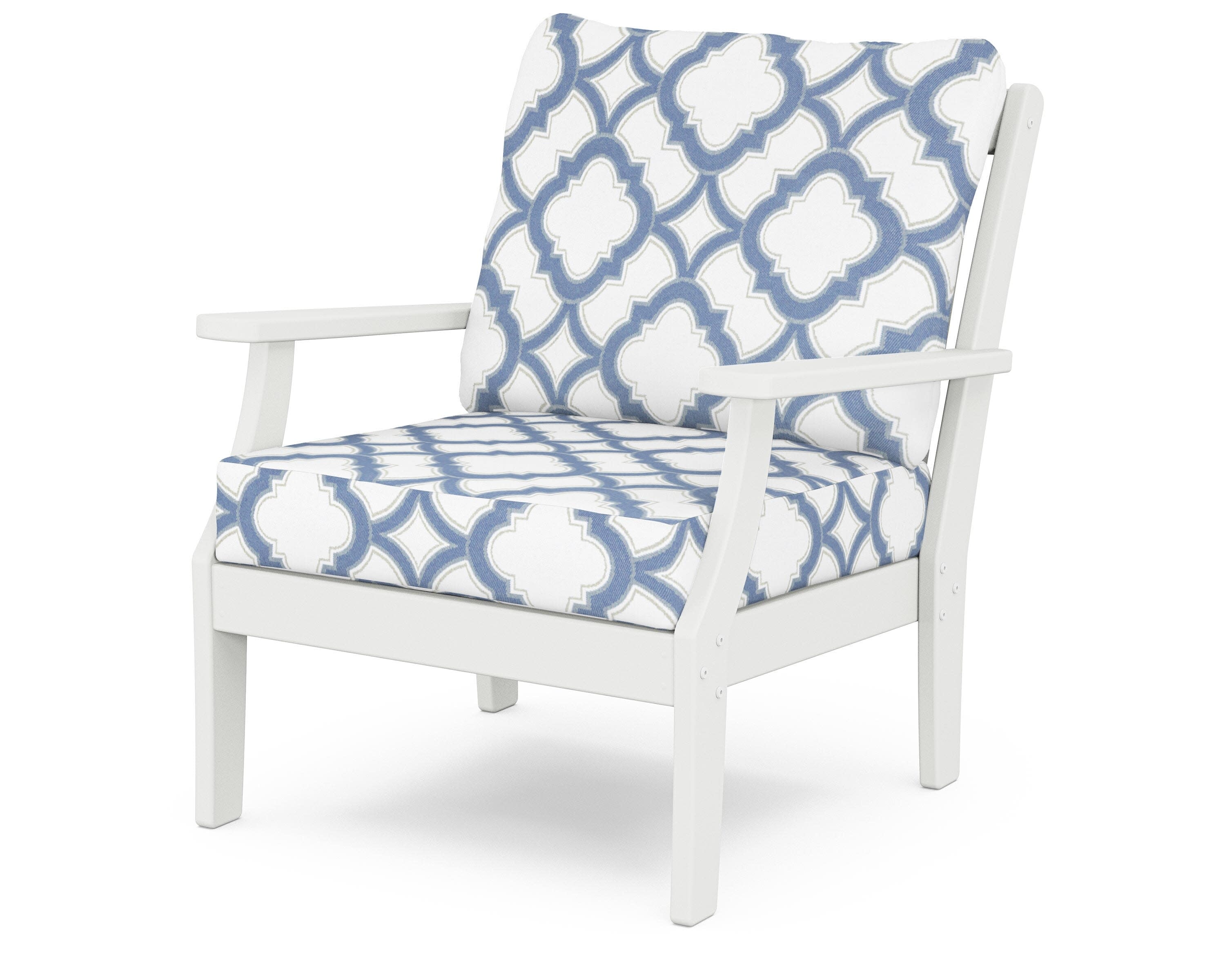 Yacht Club Deep Seating Chair in Classic White / Trellis Sky Blue