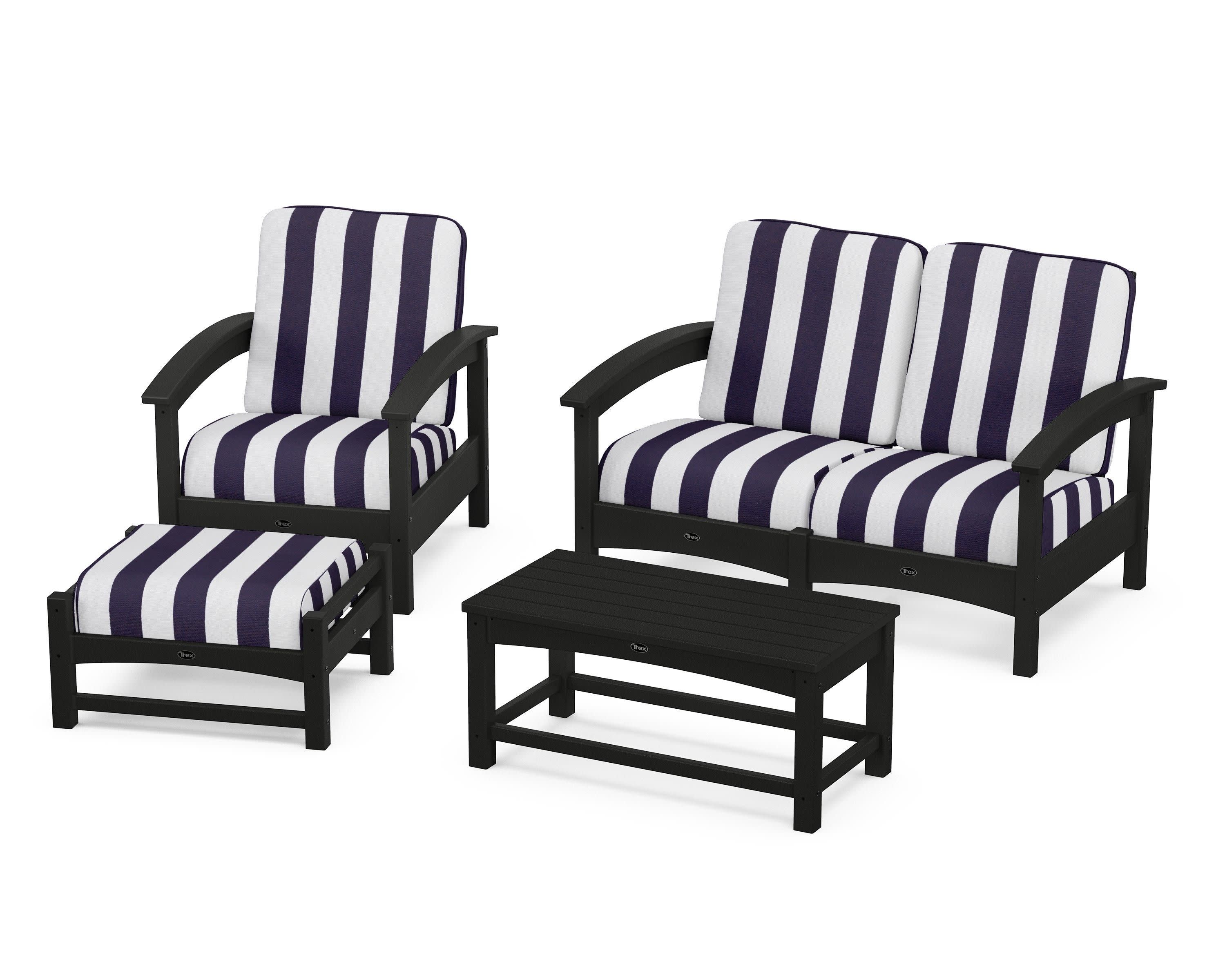 Rockport 4-Piece Deep Seating Conversation Group in Charcoal Black / Cabana Stripe Navy