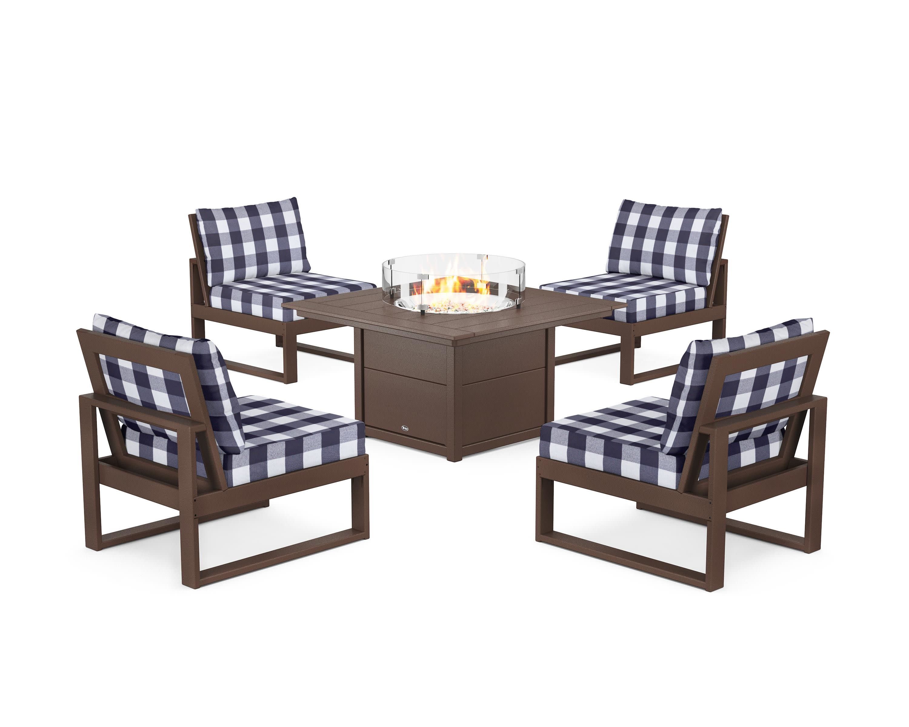 Eastport Modular 5-Piece Deep Seating Set with Square Fire Pit Table in Vintage Lantern / Buffalo Plaid Navy
