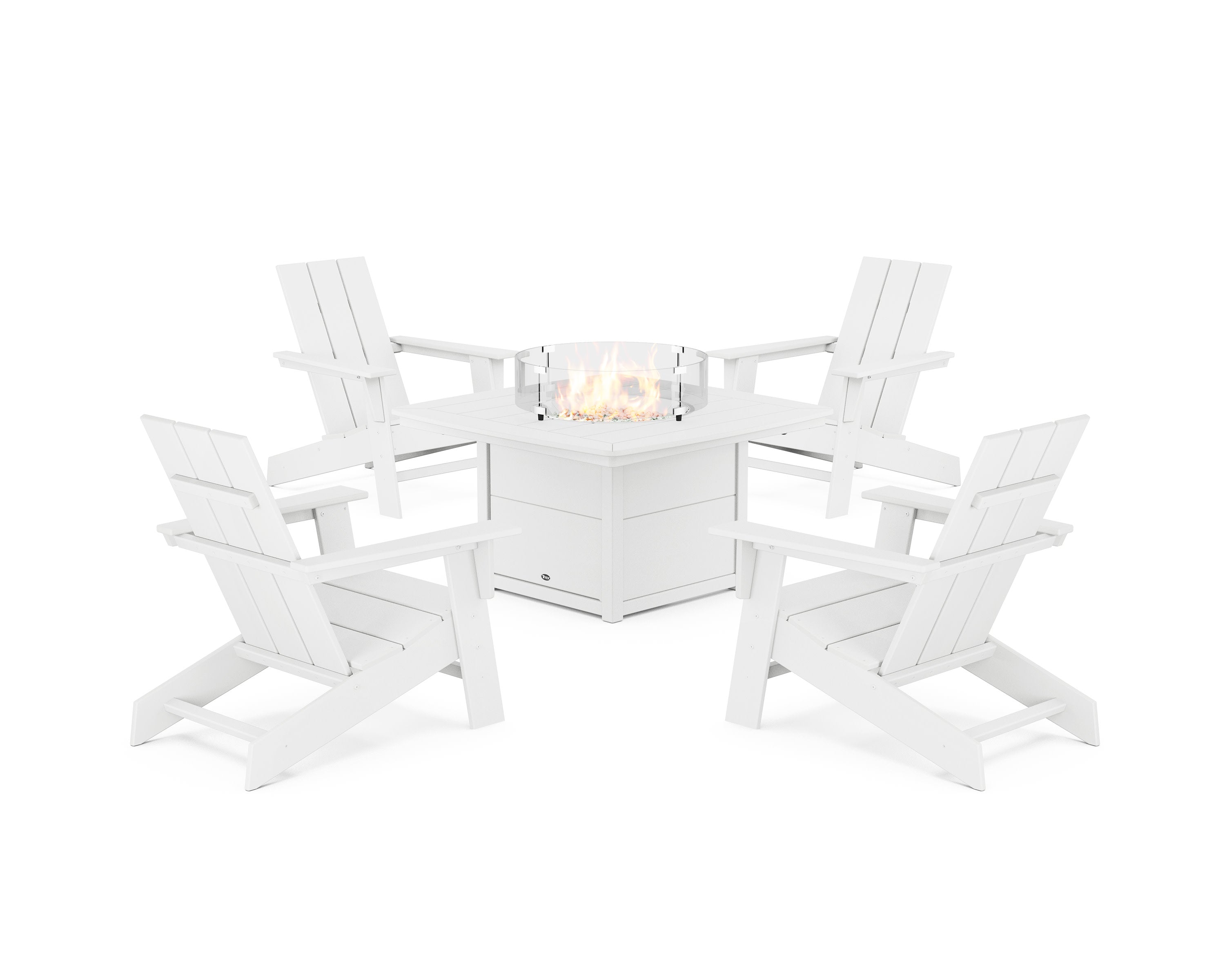 Eastport Modern Adirondack 5-Piece Set with Yacht Club Fire Pit Table in Classic White