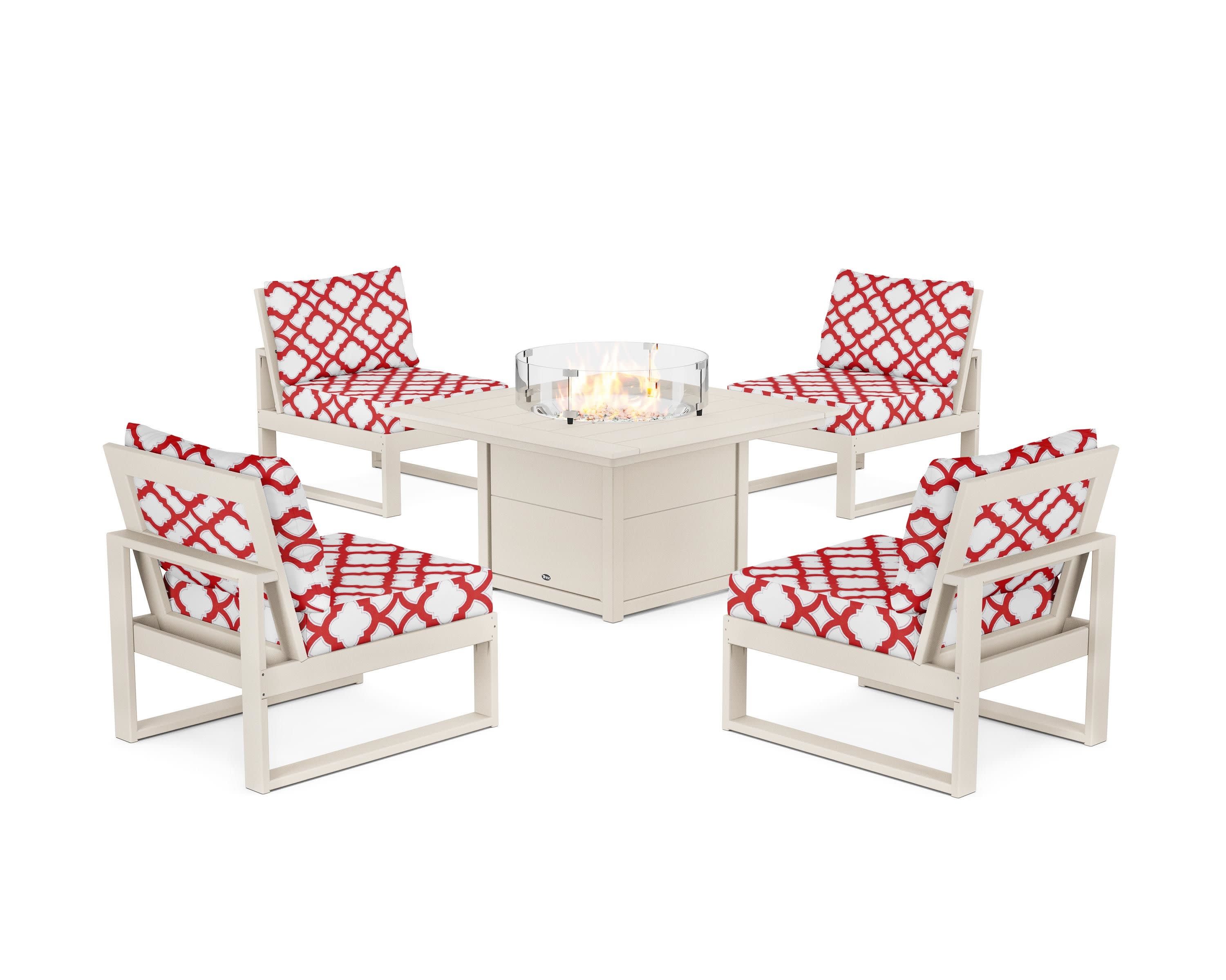 Eastport Modular 5-Piece Deep Seating Set with Square Fire Pit Table in Sand Castle / Trellis Crimson