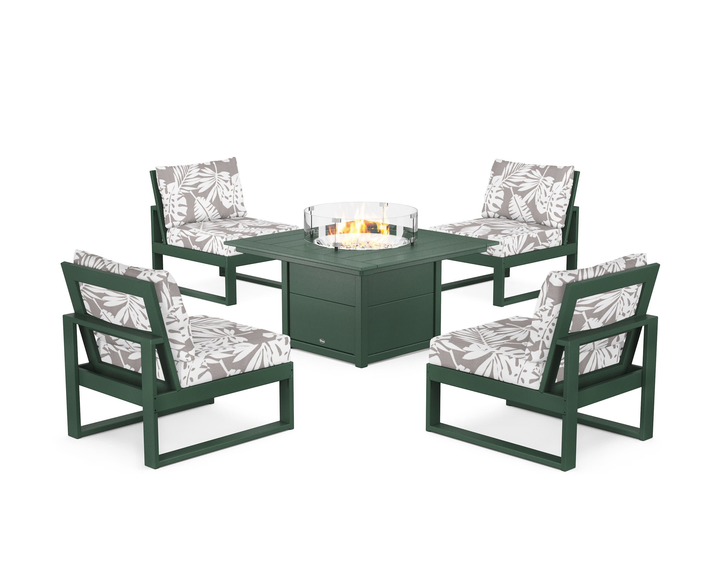 Eastport Modular 5-Piece Deep Seating Set with Square Fire Pit Table in Rainforest Canopy / Leaf Grey Mist
