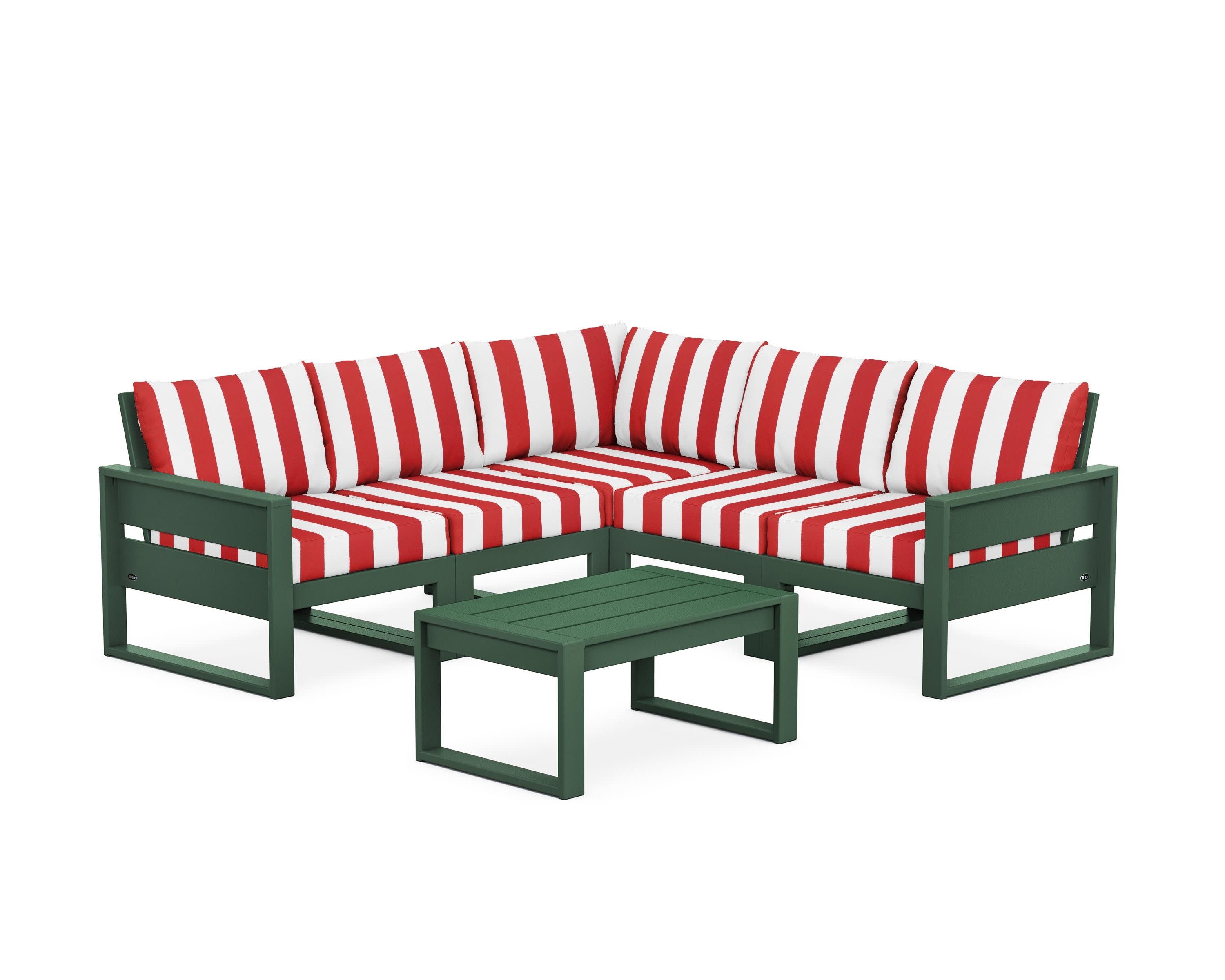 Eastport 6-Piece Deep Seating Sectional + Coffee Table Set in Rainforest Canopy / Cabana Stripe Crimson