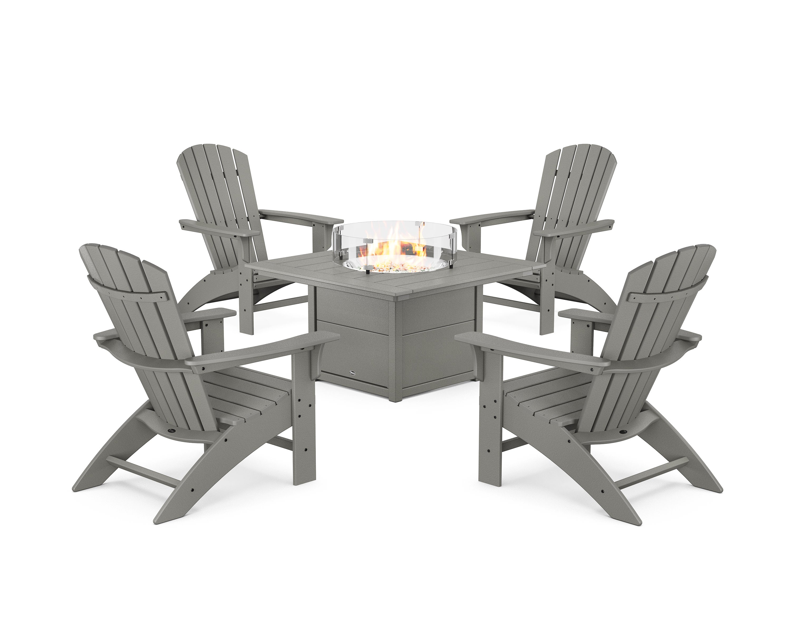 Yacht Club Adirondack 5-Piece Set with Square Fire Pit Table in Stepping Stone