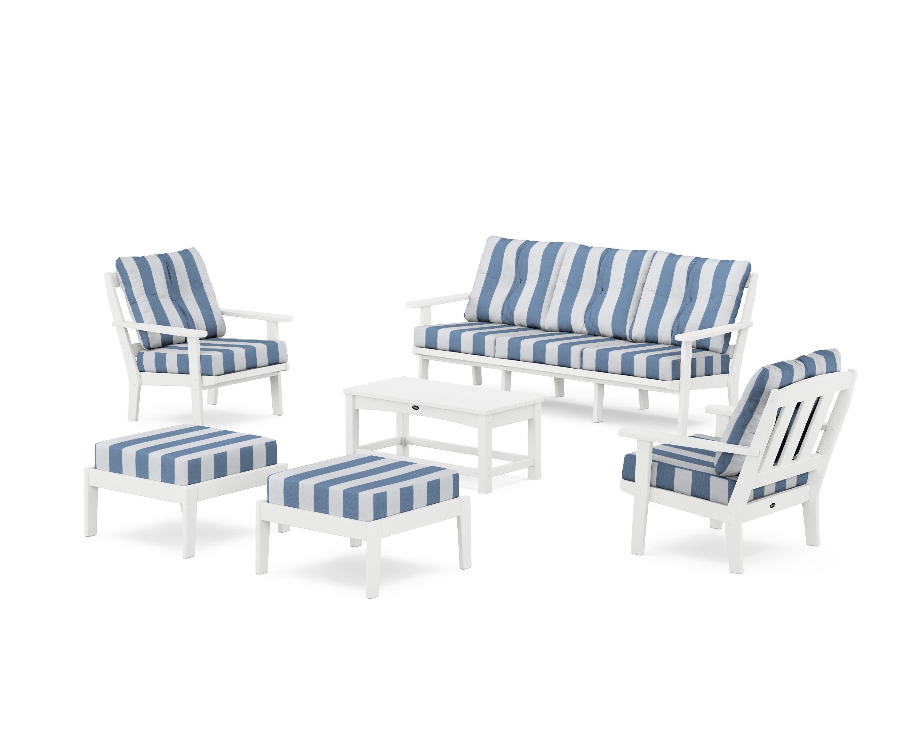 Cape Cod 6-Piece Lounge Sofa Set in Classic White / Cabana Stripe Sky Blue