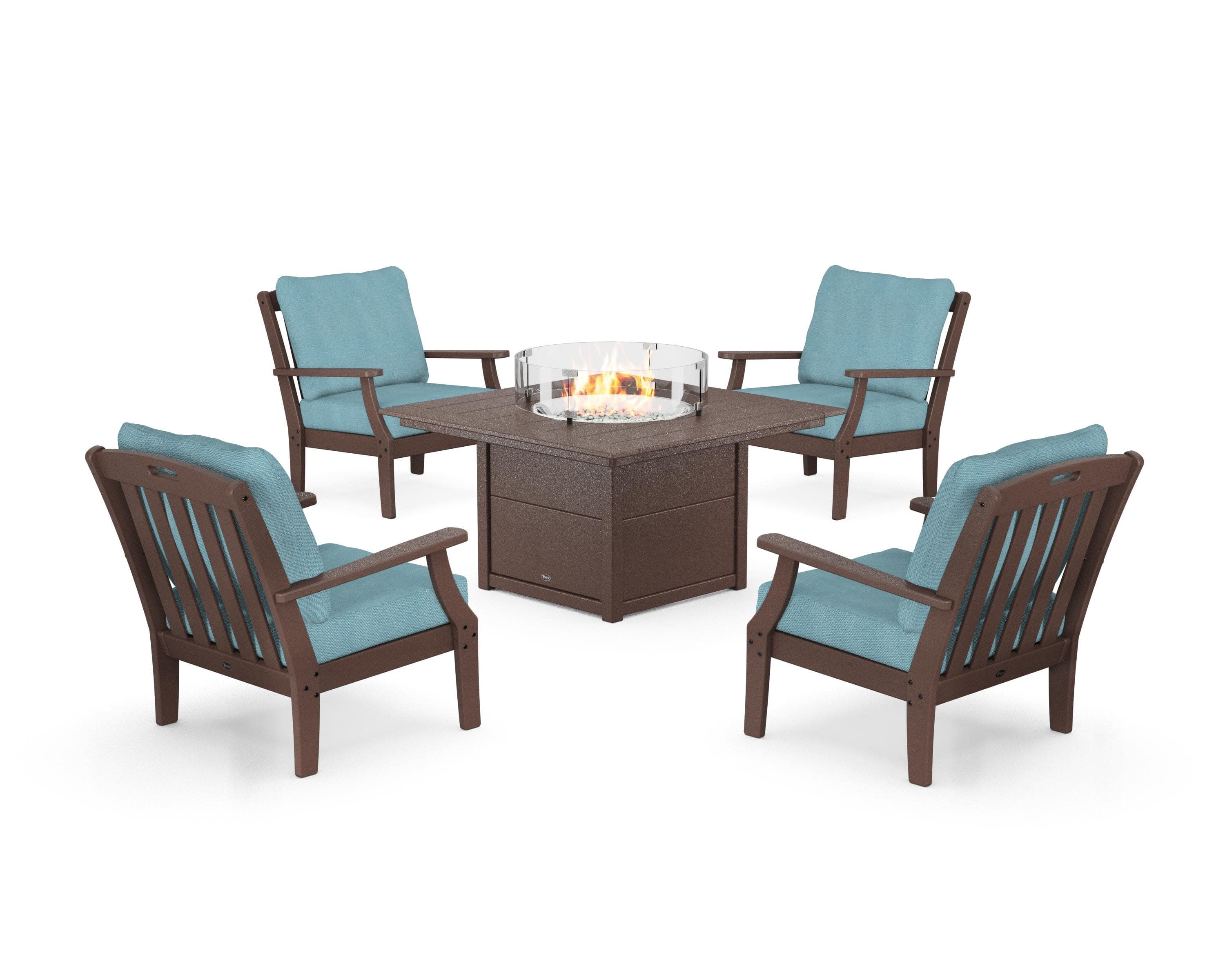 Yacht Club 5-Piece Deep Seating Set with Square Fire Pit Table in Vintage Lantern / Lattice Sky Blue