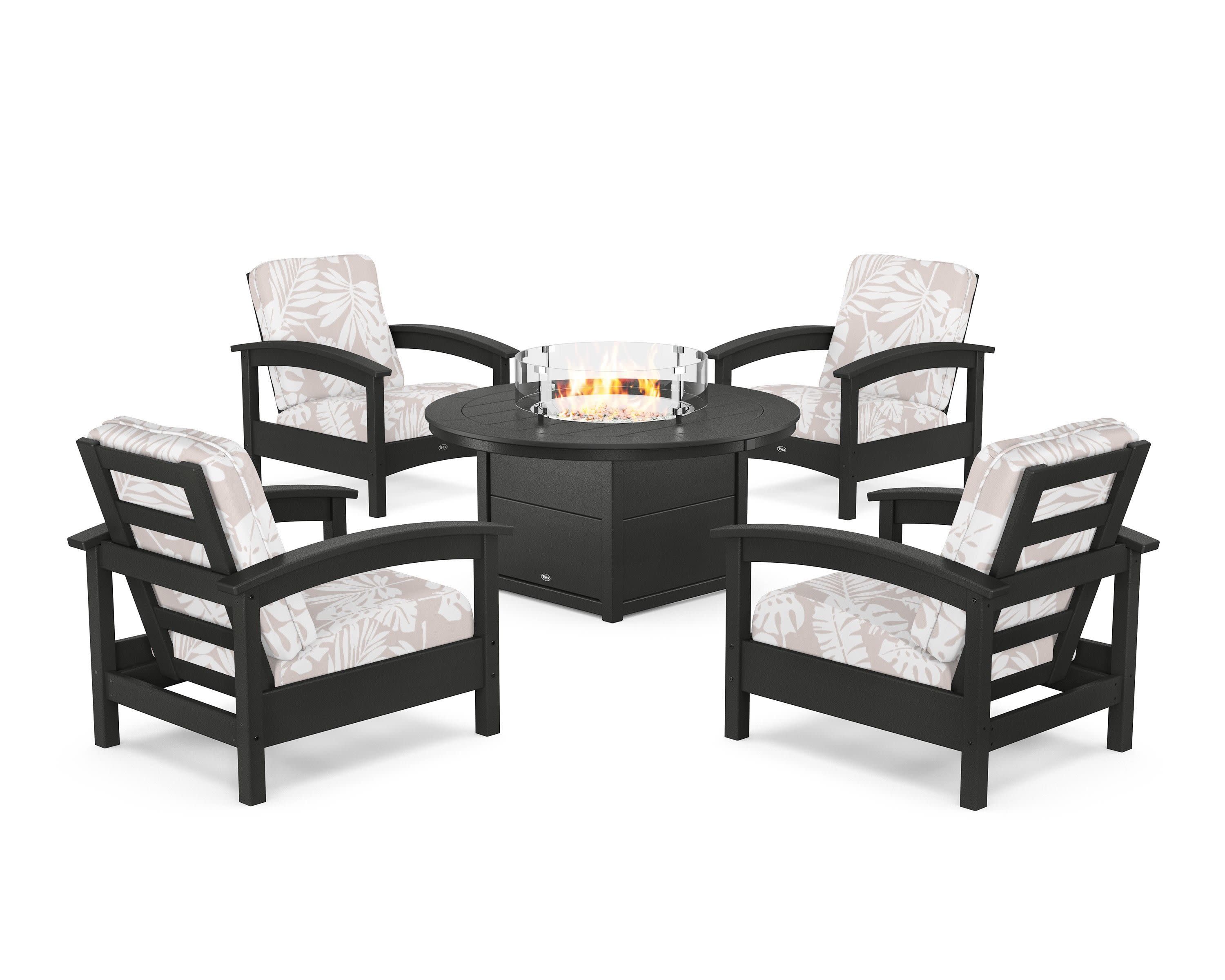 Rockport 5-Piece Deep Seating Set with Round Fire Pit Table in Charcoal Black / Leaf Dune Burlap