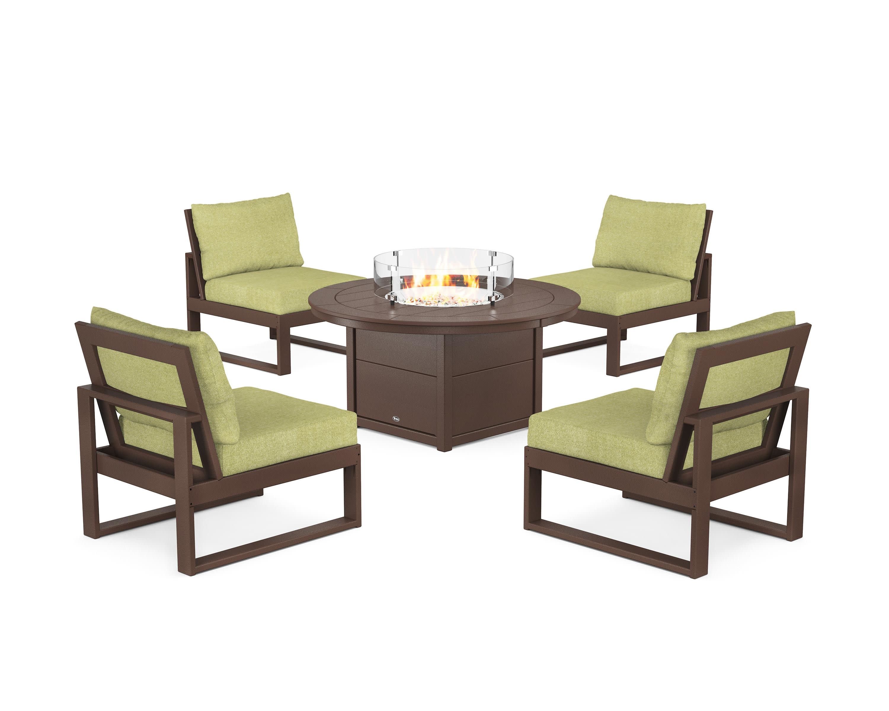 Eastport Modular 5-Piece Deep Seating Set with Round Fire Pit Table in Vintage Lantern / Chartreuse Boucle