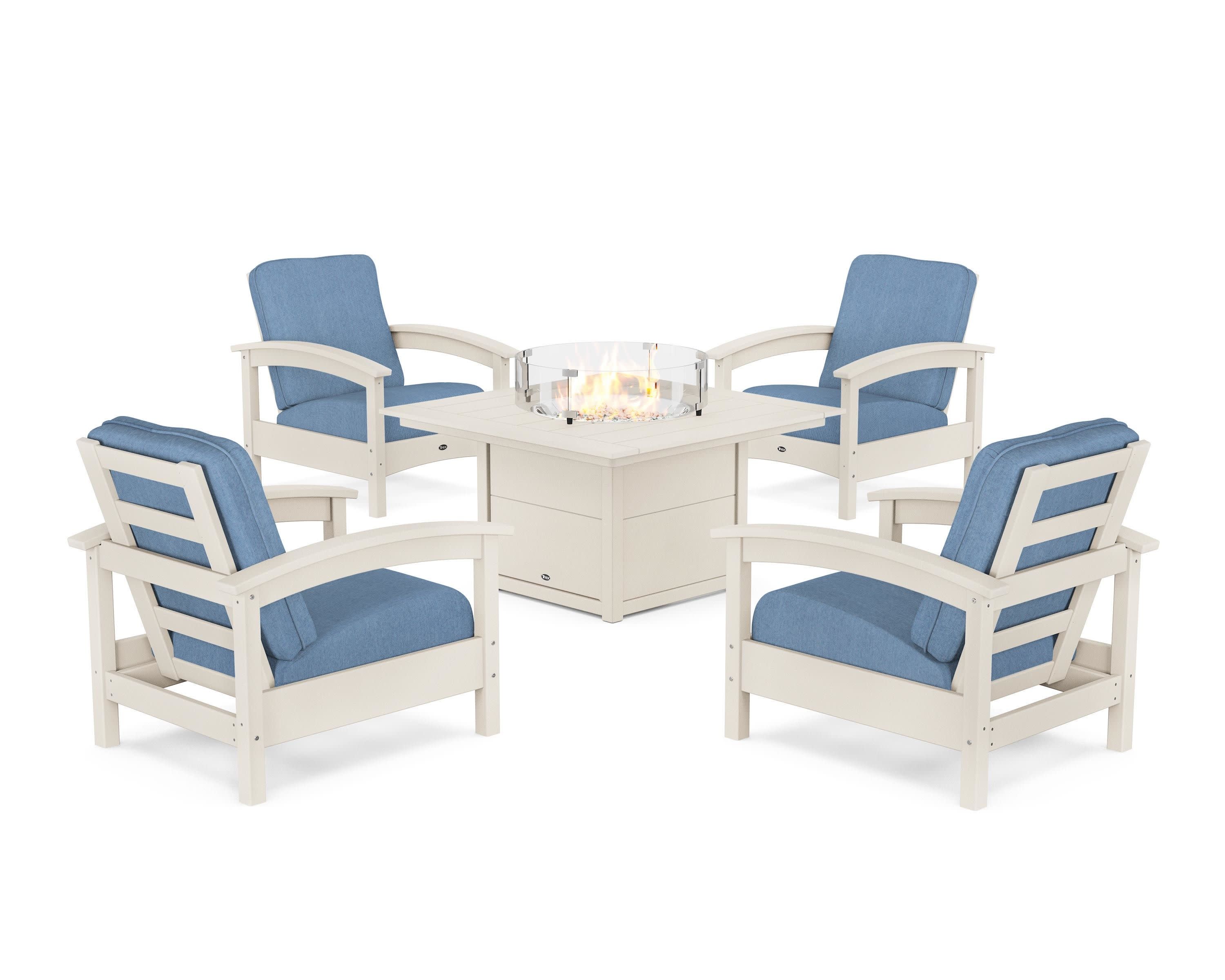 Rockport 5-Piece Deep Seating Set with Square Fire Pit Table in Sand Castle / Sky Blue