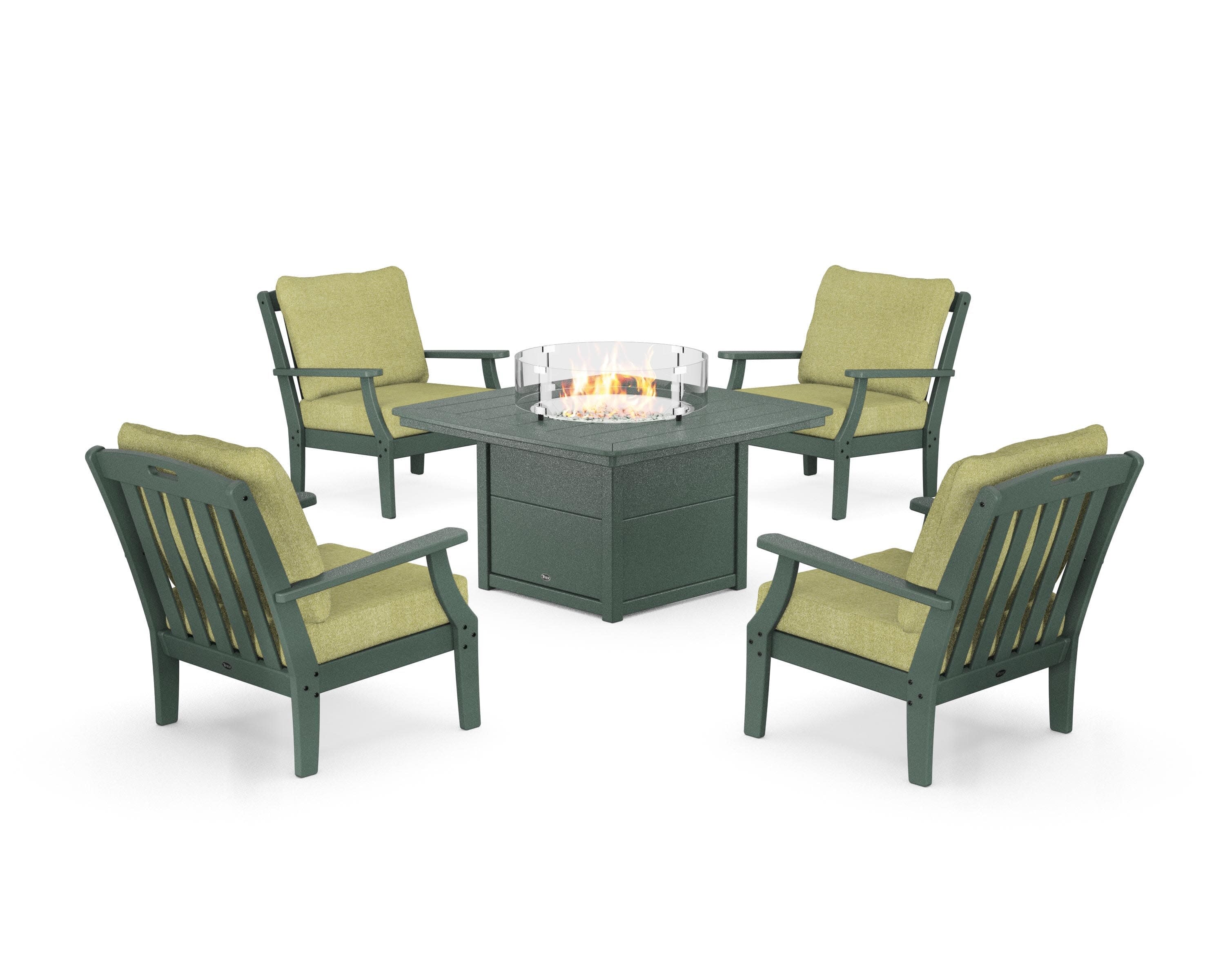 Yacht Club 5-Piece Deep Seating Set with Fire Pit Table in Rainforest Canopy / Chartreuse Boucle