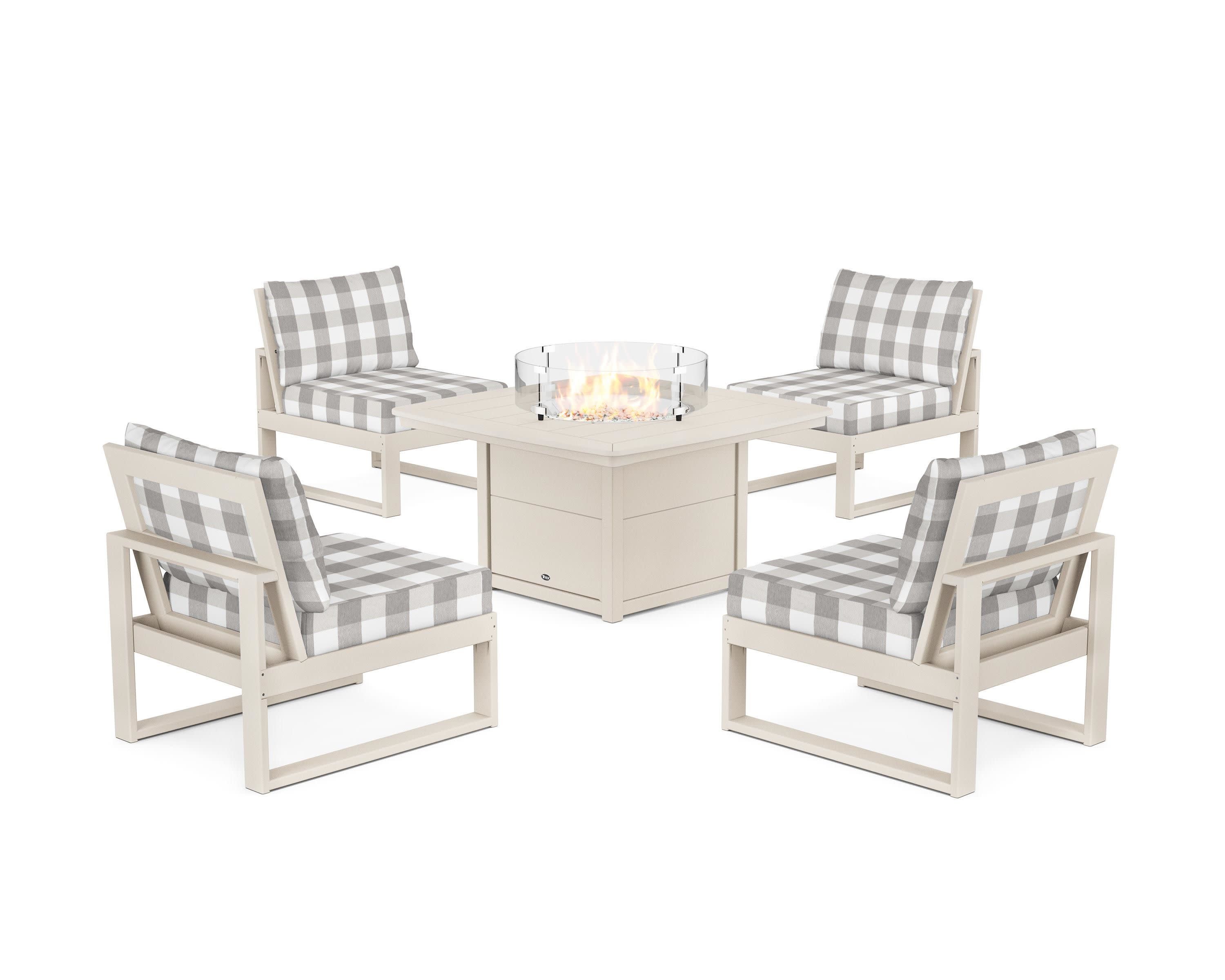 Eastport Modular 5-Piece Deep Seating Set with Yacht Club Fire Pit Table in Sand Castle / Buffalo Plaid Grey Mist