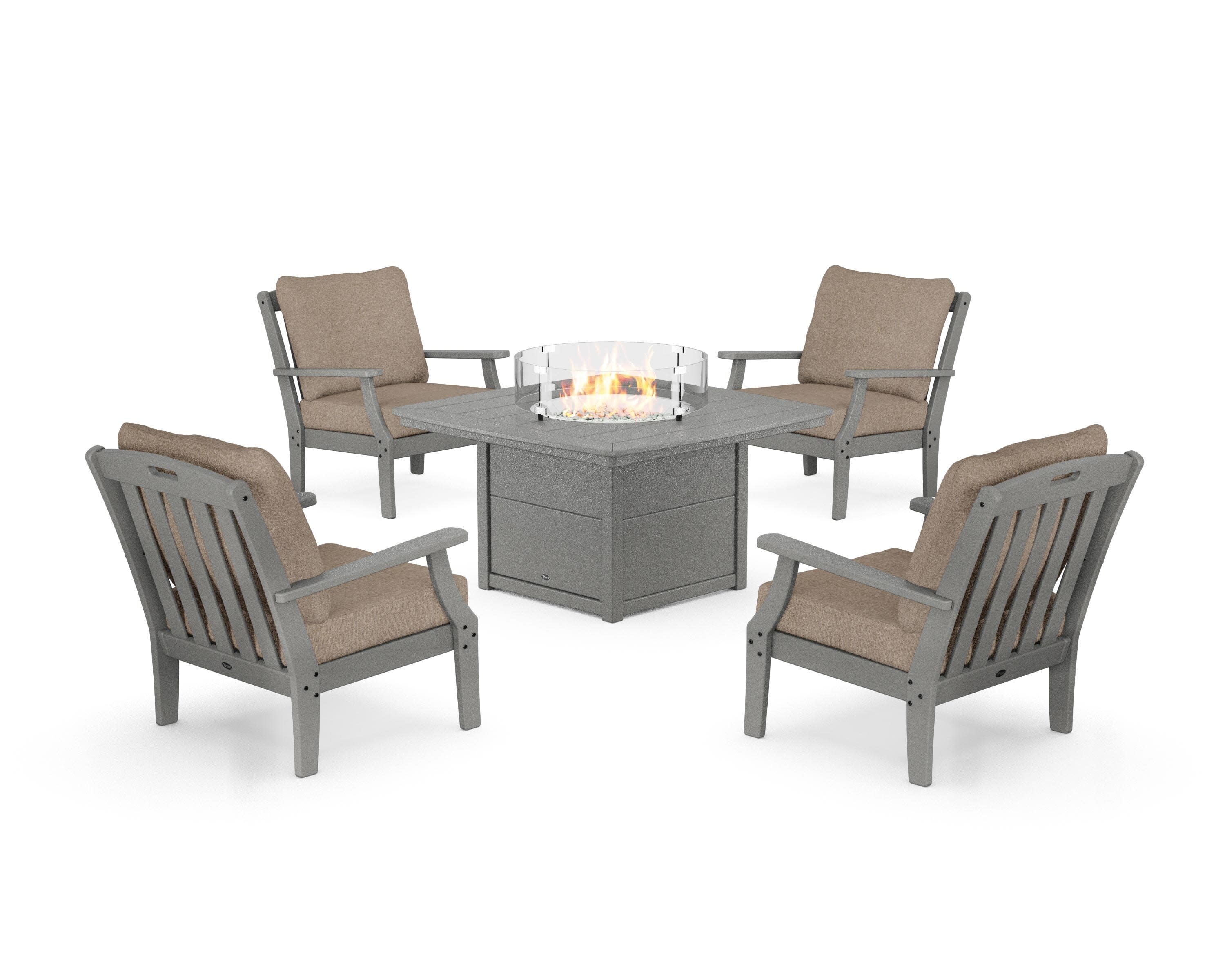 Yacht Club 5-Piece Deep Seating Set with Fire Pit Table in Stepping Stone / Spiced Burlap