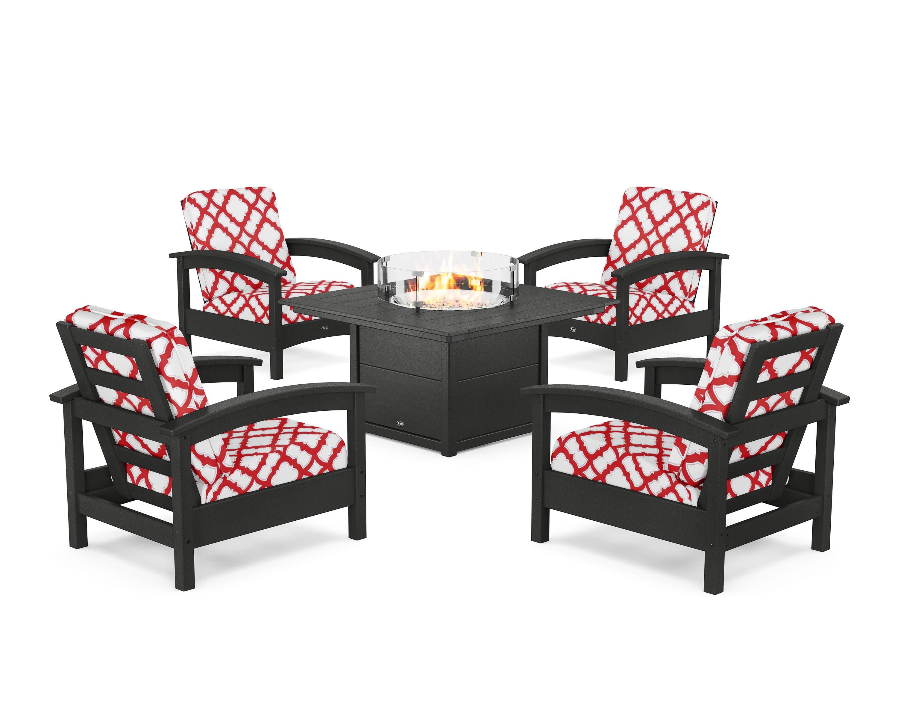 Rockport 5-Piece Deep Seating Set with Square Fire Pit Table in Charcoal Black / Trellis Crimson