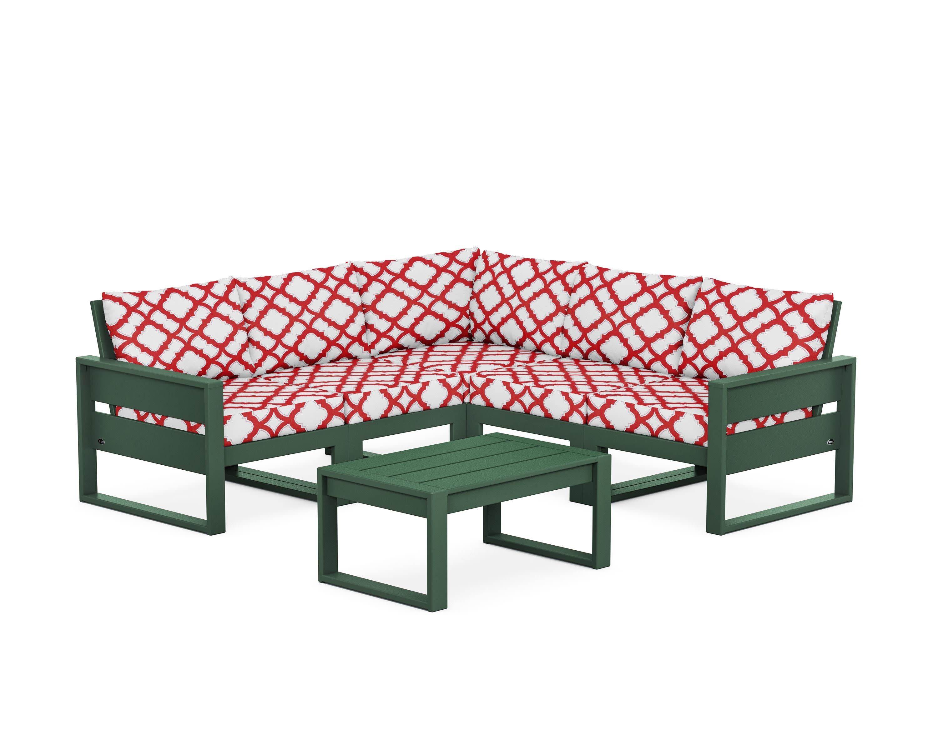 Eastport 6-Piece Deep Seating Sectional + Coffee Table Set in Rainforest Canopy / Trellis Crimson