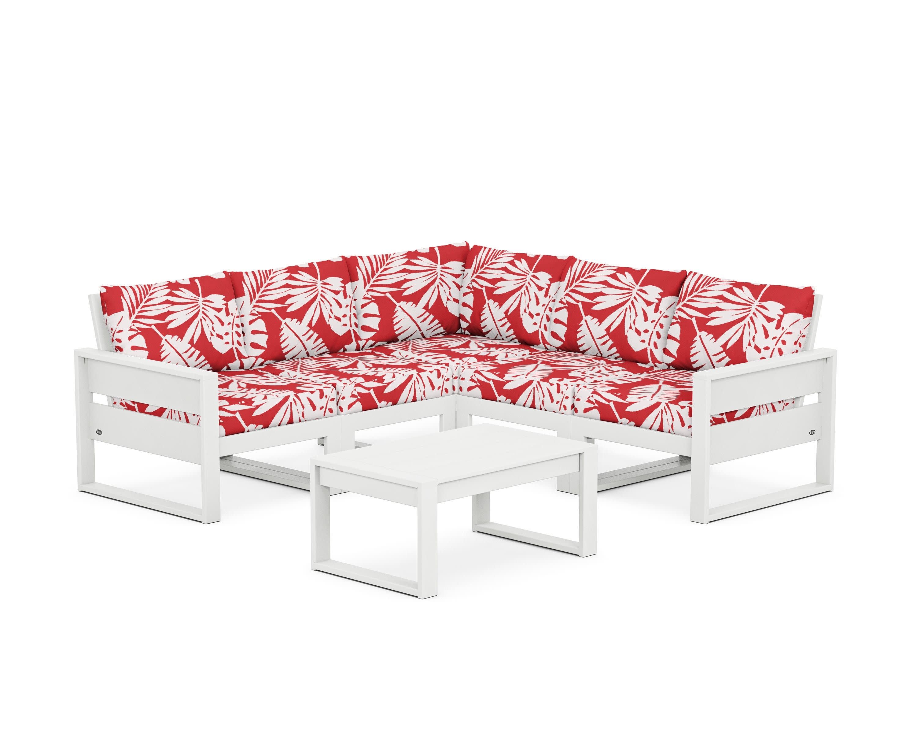 Eastport 6-Piece Deep Seating Sectional + Coffee Table Set in Classic White / Leaf Crimson