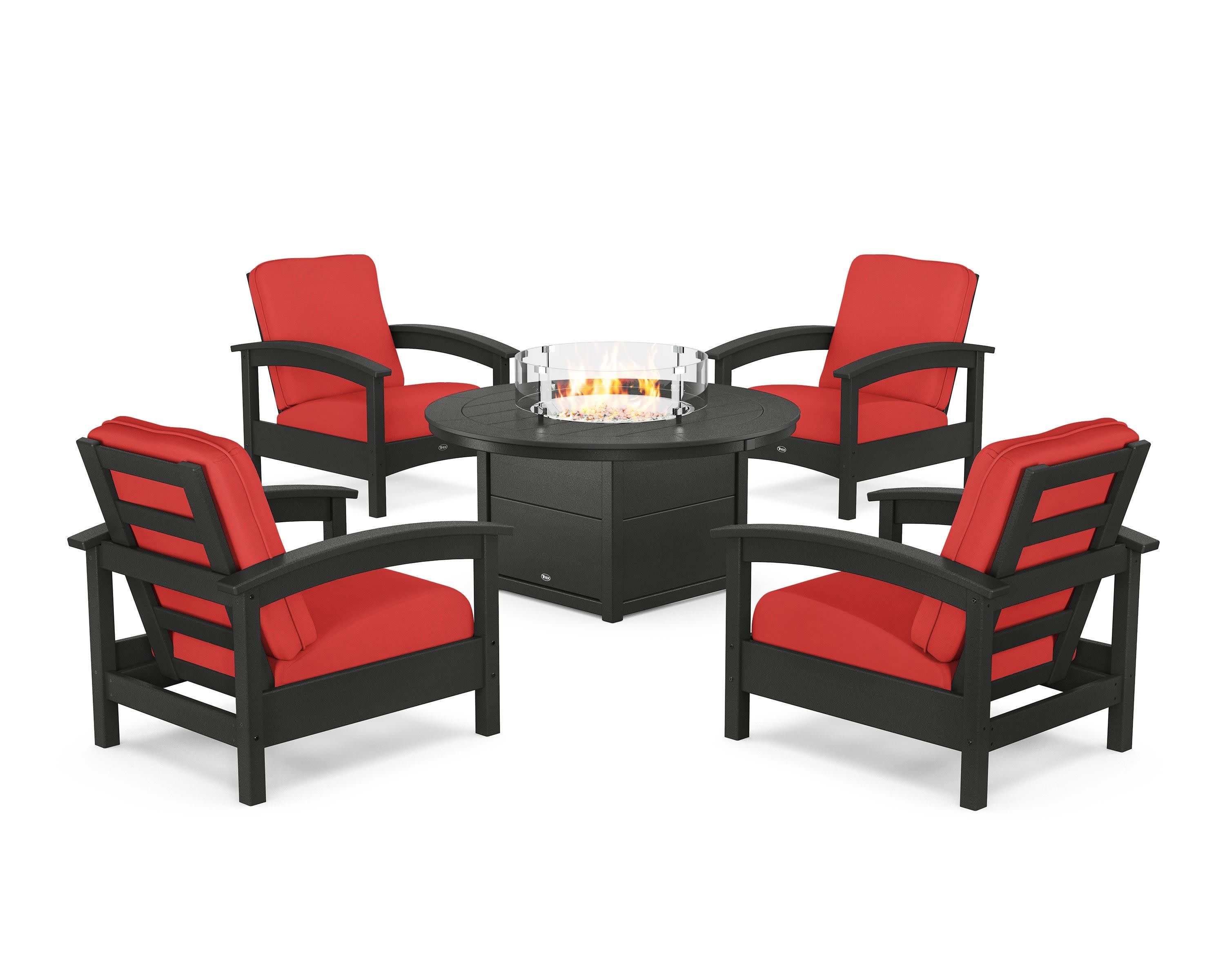 Rockport 5-Piece Deep Seating Set with Round Fire Pit Table in Charcoal Black / Crimson Linen