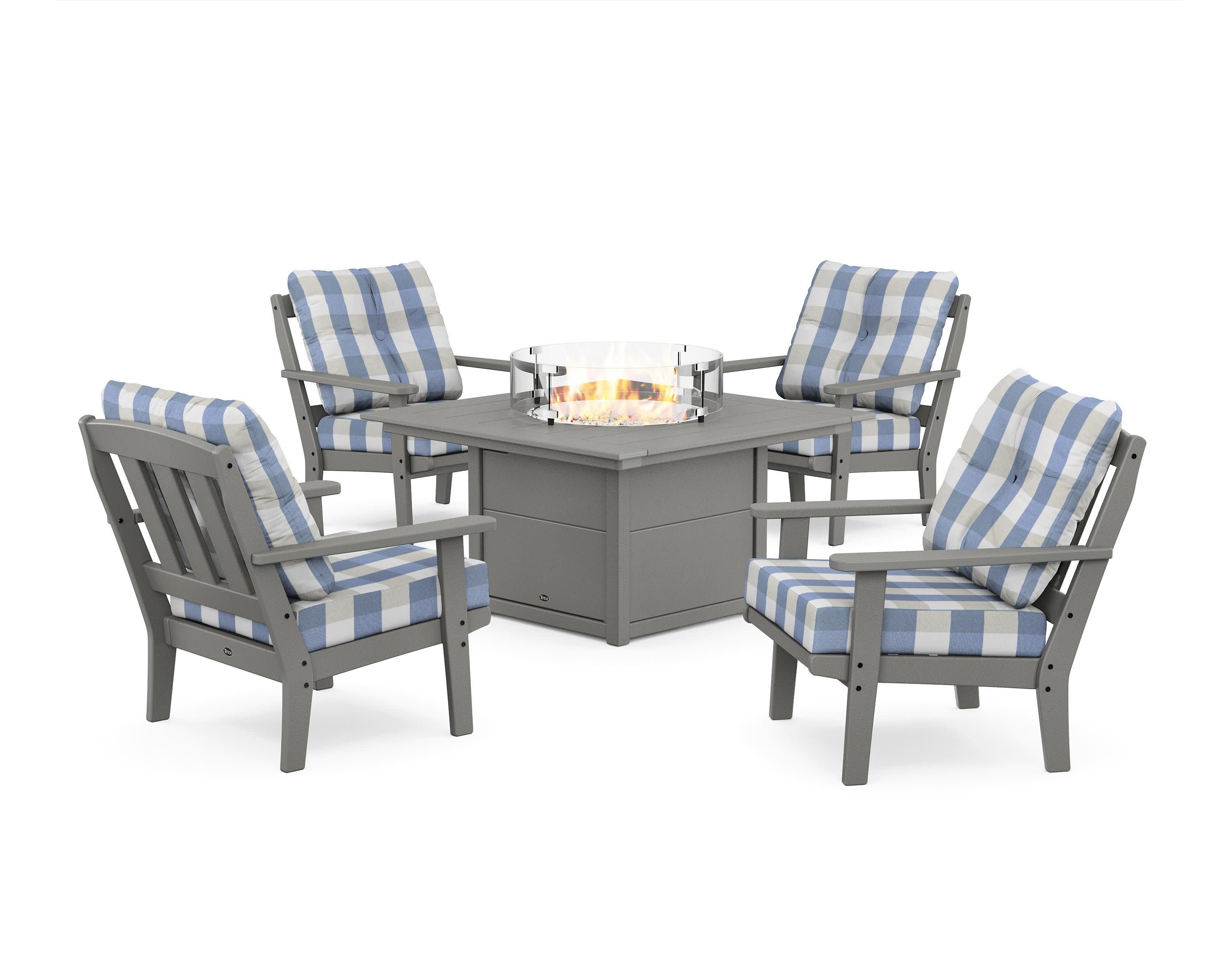 Cape Cod 5-Piece Deep Seating Set with Fire Pit Table in Stepping Stone / Buffalo Plaid Sky Blue