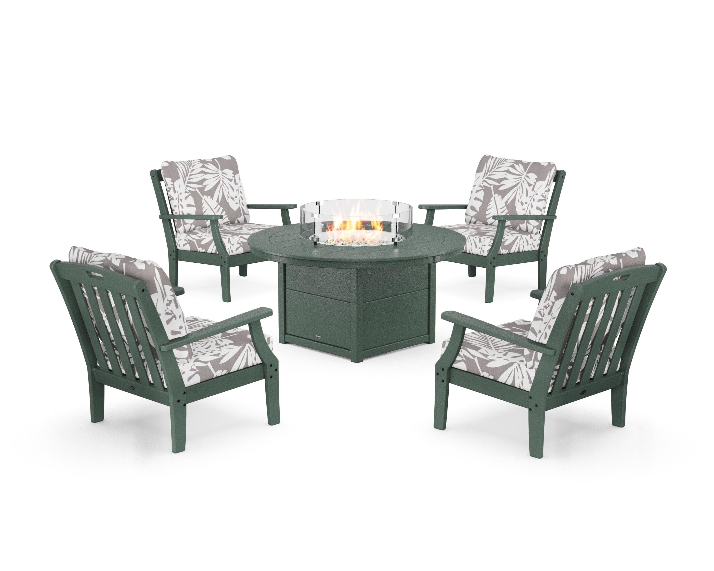 Yacht Club 5-Piece Deep Seating Set with Round Fire Pit Table in Rainforest Canopy / Leaf Grey Mist