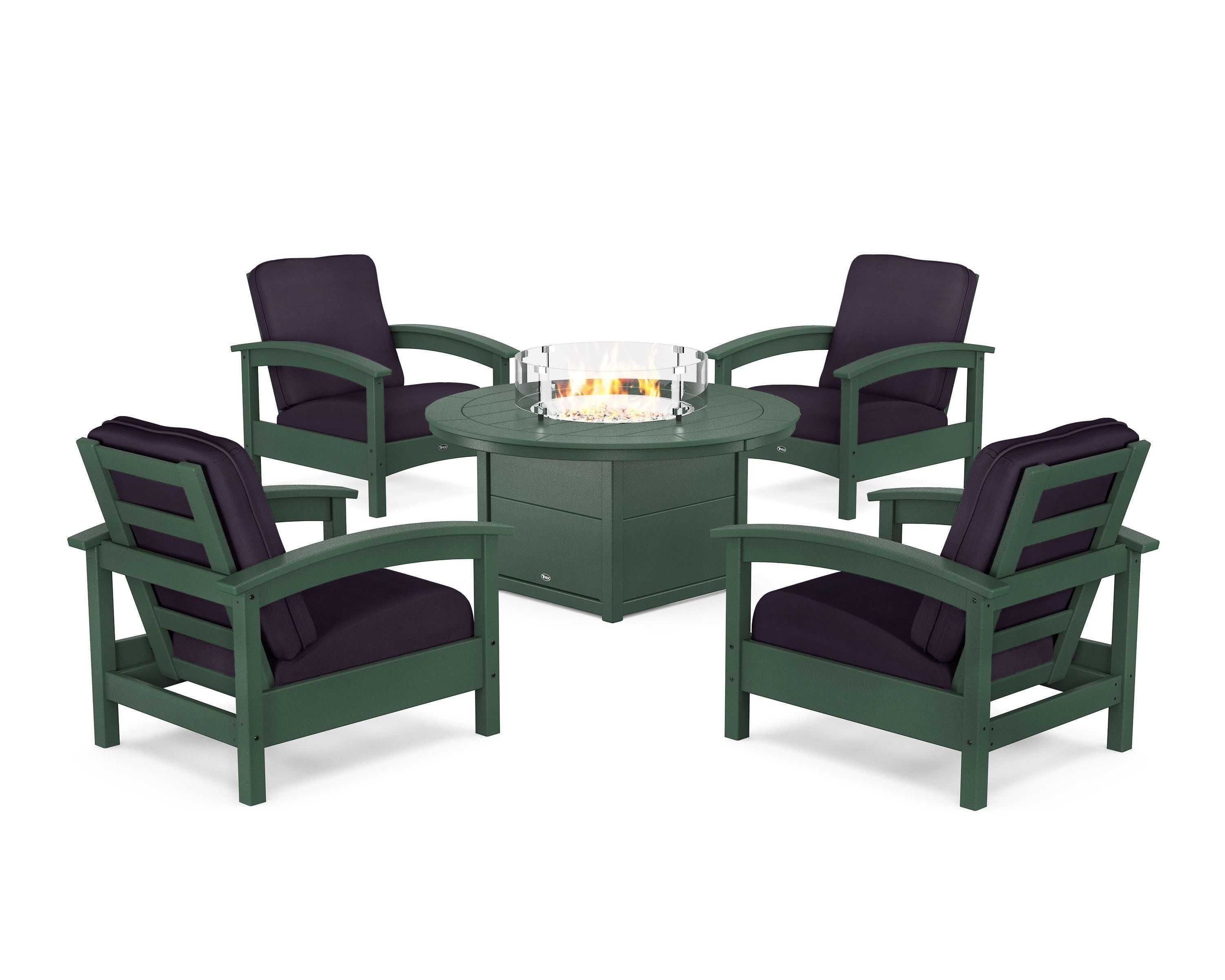 Rockport 5-Piece Deep Seating Set with Round Fire Pit Table in Rainforest Canopy / Navy Linen
