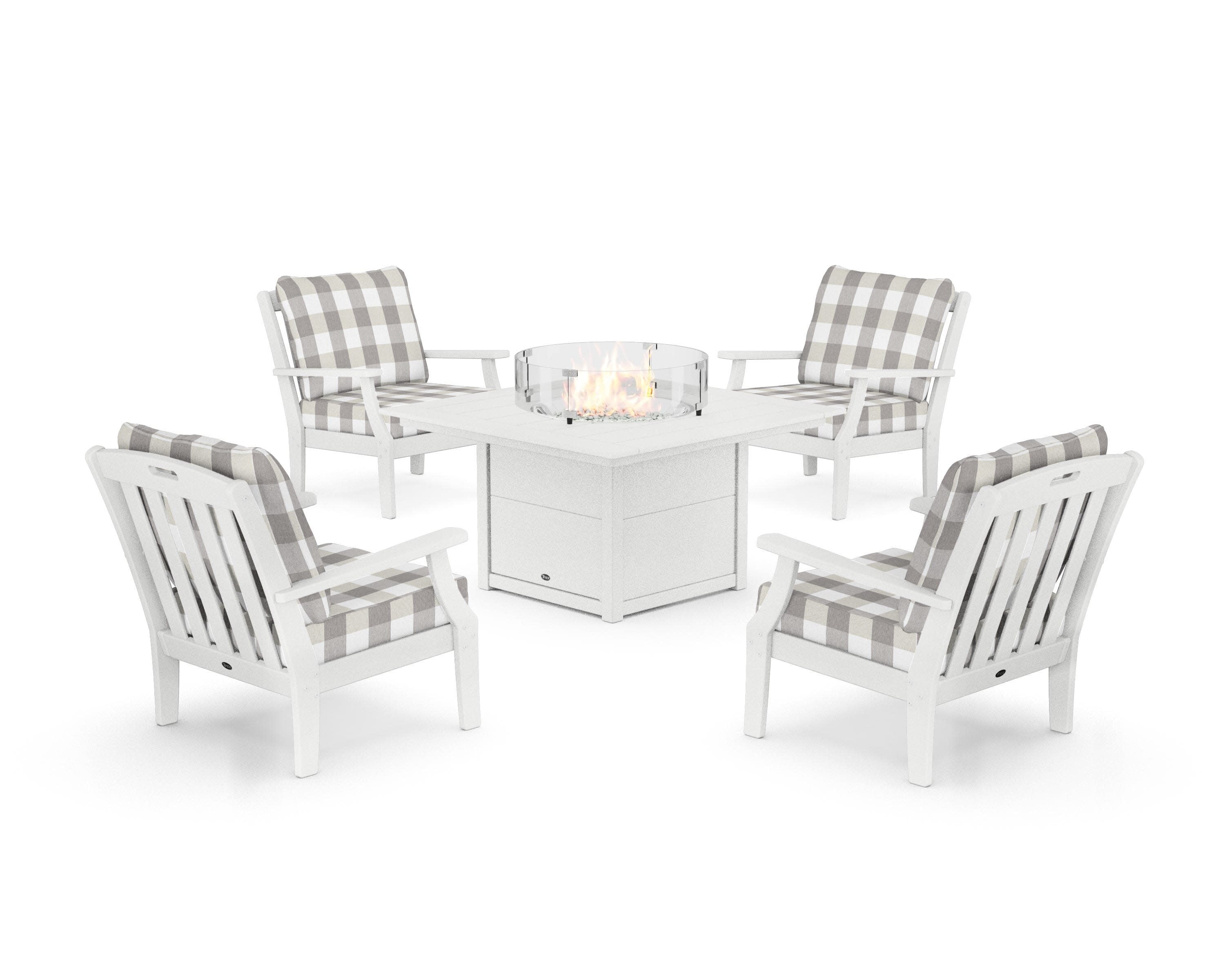 Yacht Club 5-Piece Deep Seating Set with Square Fire Pit Table in Classic White / Buffalo Plaid Grey Mist