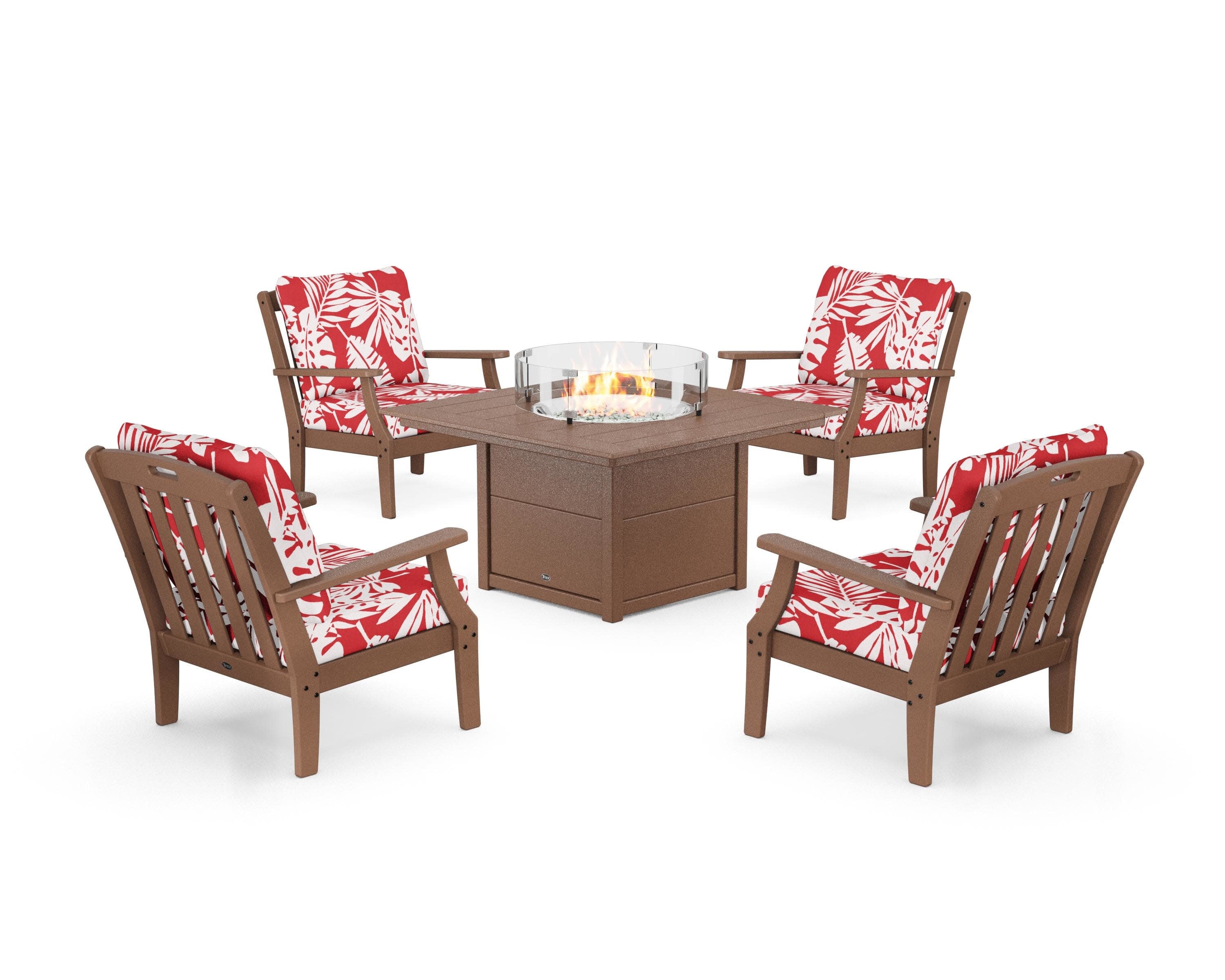 Yacht Club 5-Piece Deep Seating Set with Square Fire Pit Table in Tree House / Leaf Crimson