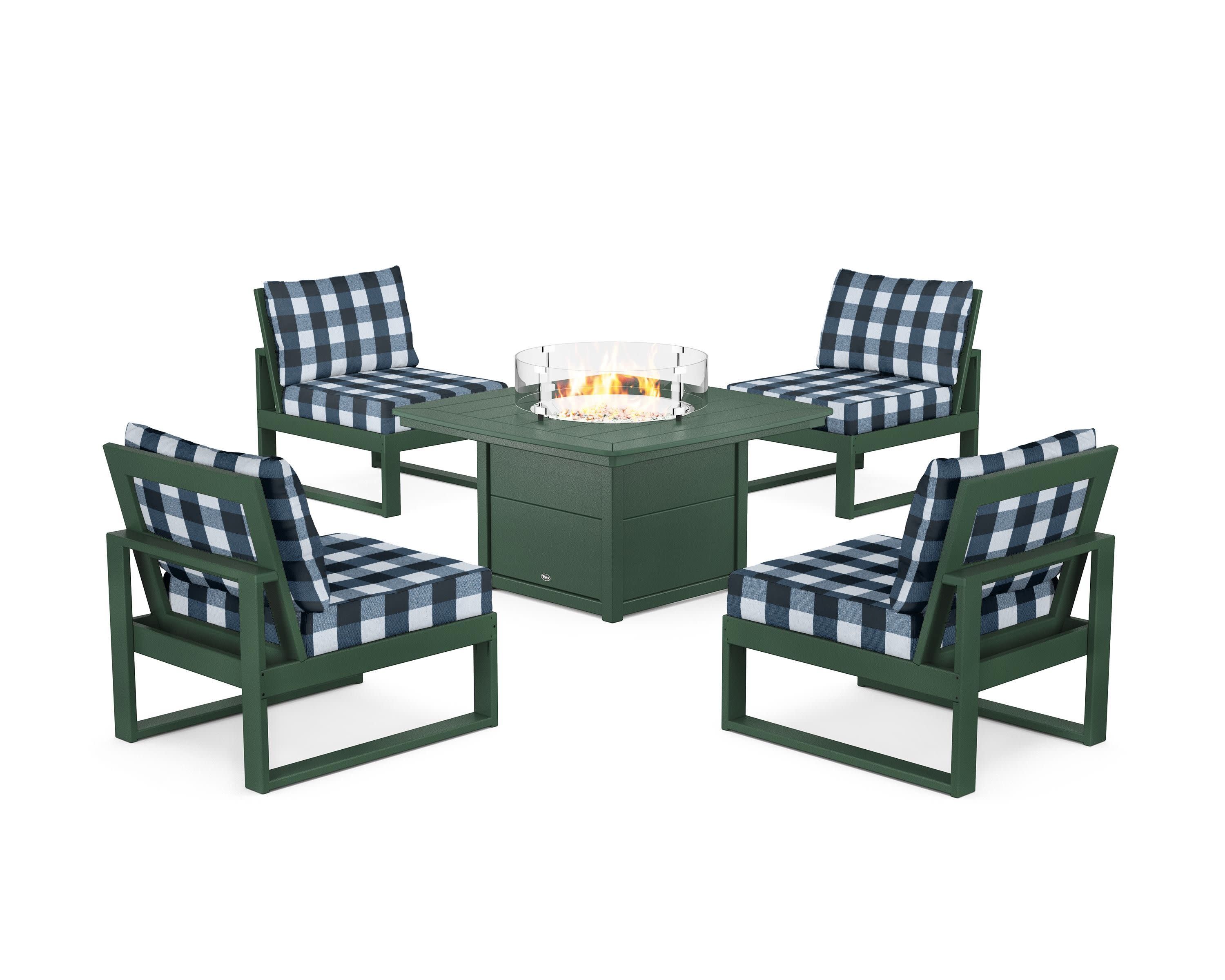 Eastport Modular 5-Piece Deep Seating Set with Yacht Club Fire Pit Table in Rainforest Canopy / Buffalo Plaid Marine Indigo