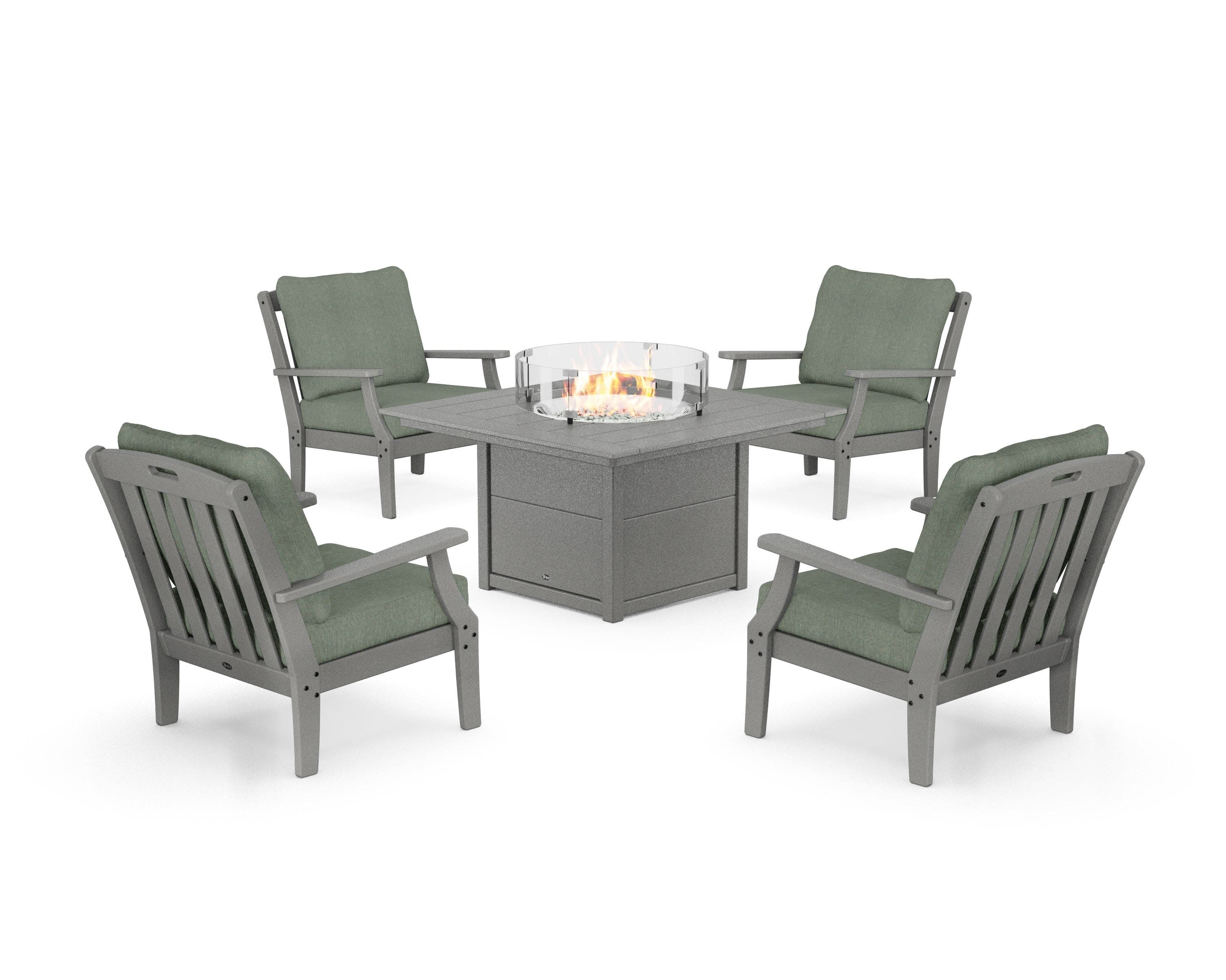 Yacht Club 5-Piece Deep Seating Set with Square Fire Pit Table in Stepping Stone / Cast Sage