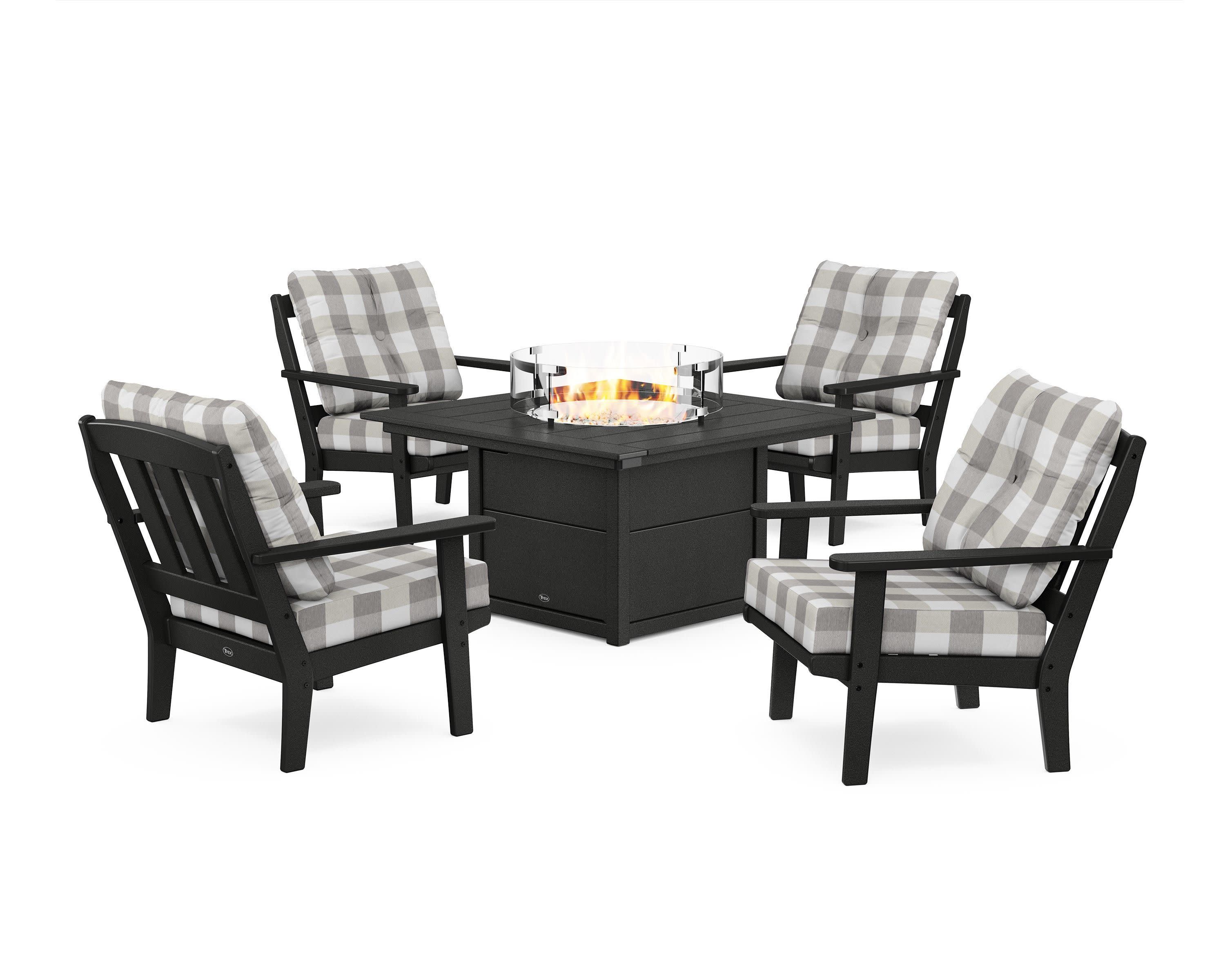 Cape Cod 5-Piece Deep Seating Set with Fire Pit Table in Charcoal Black / Buffalo Plaid Grey Mist