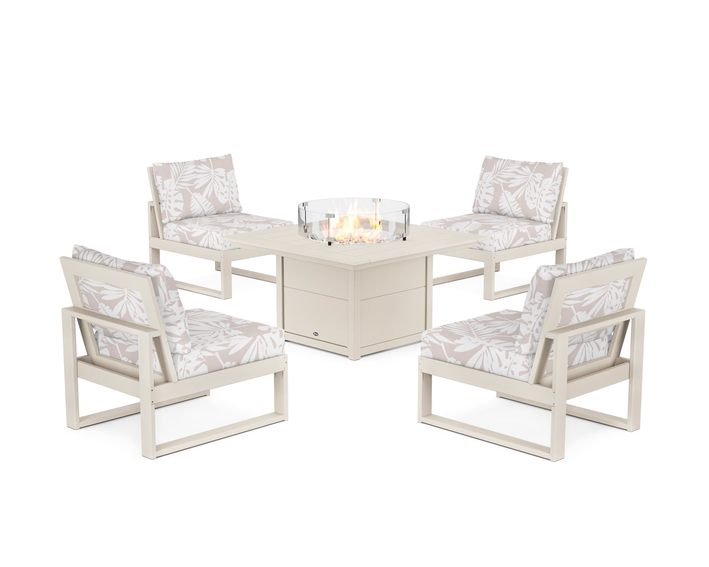 Eastport Modular 5-Piece Deep Seating Set with Square Fire Pit Table in Sand Castle / Leaf Dune Burlap