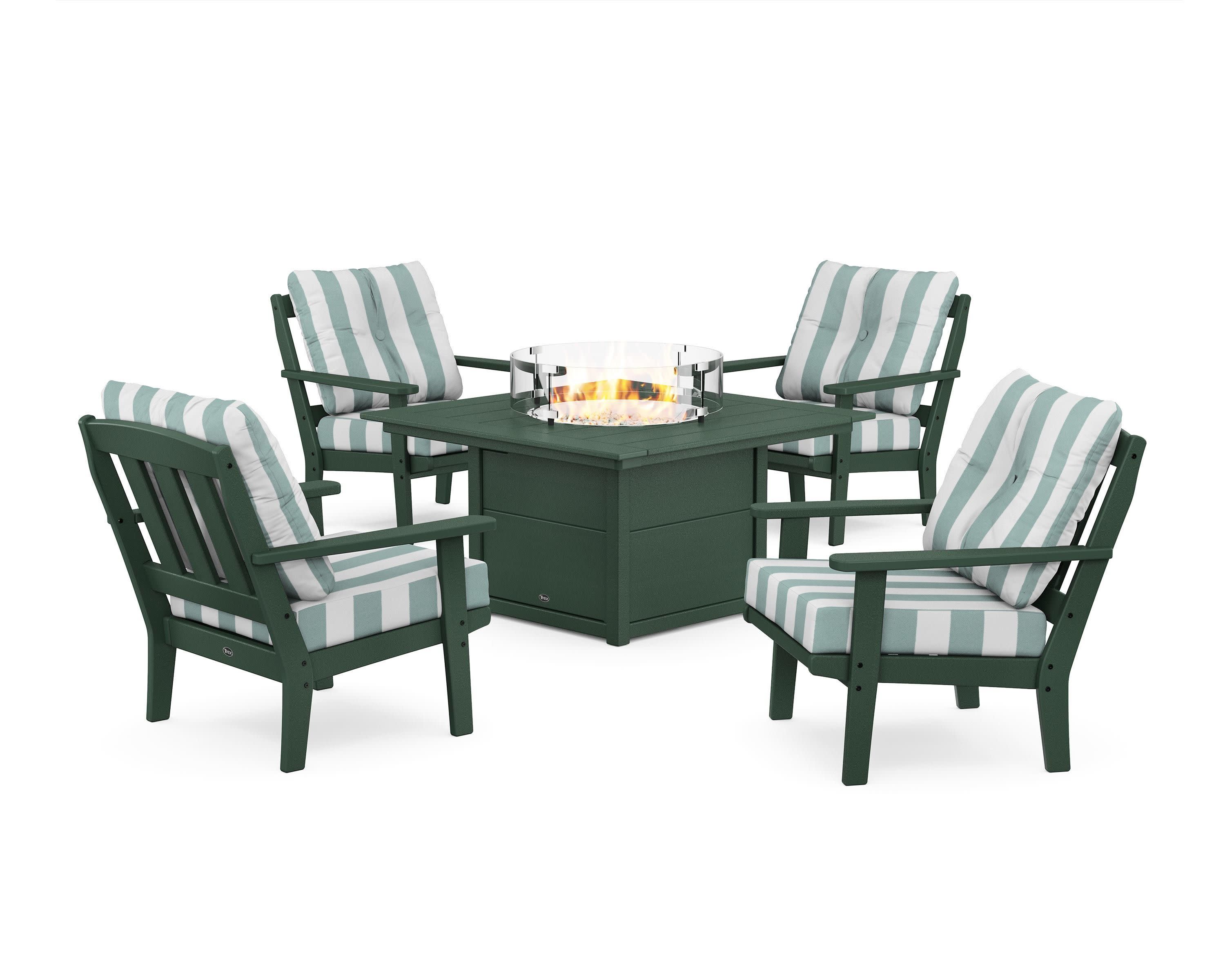Cape Cod 5-Piece Deep Seating Set with Fire Pit Table in Rainforest Canopy / Cabana Stripe Glacier Spa