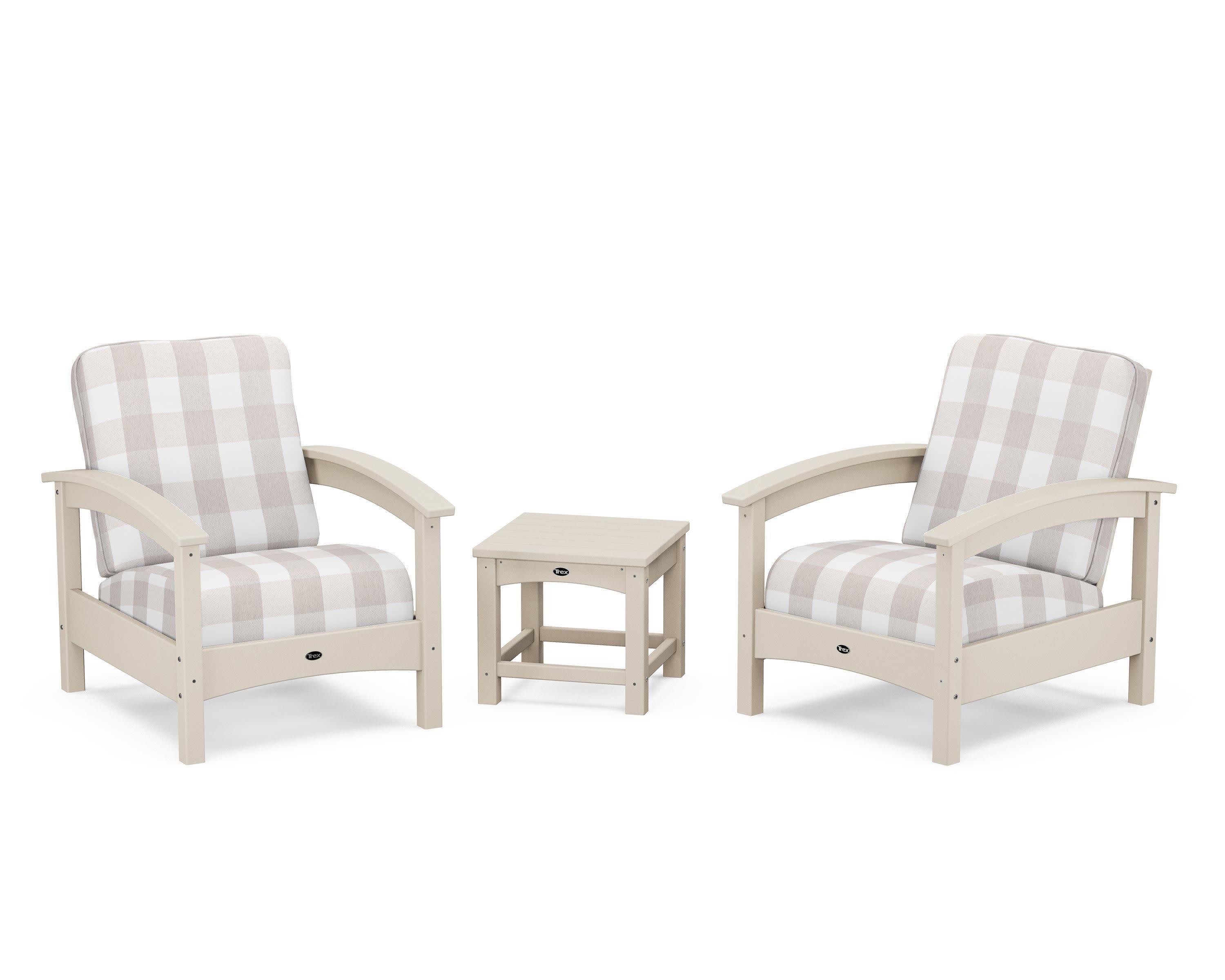 Rockport Club 3-Piece Deep Seating Conversation Set in Sand Castle / Buffalo Plaid Dune Burlap