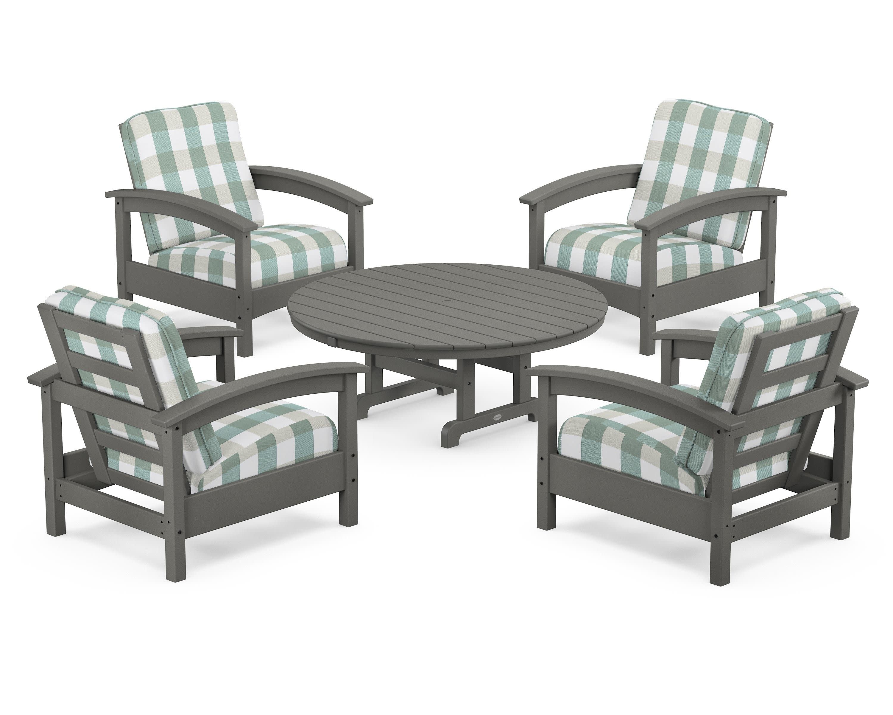 Rockport 5-Piece Deep Seating Set in Stepping Stone / Buffalo Plaid Glacier Spa