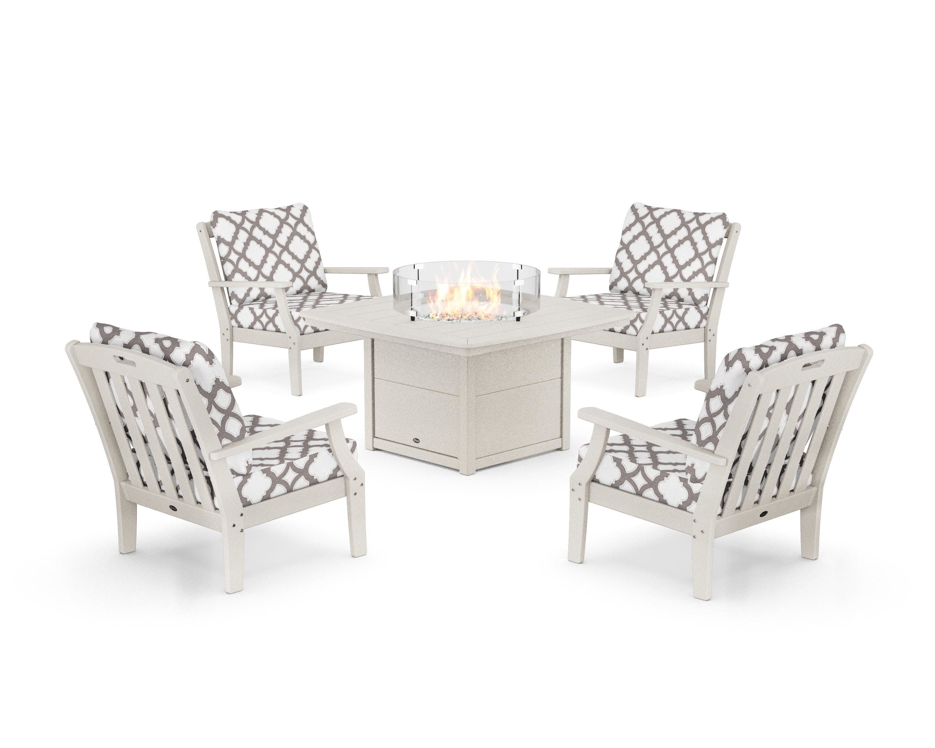 Yacht Club 5-Piece Deep Seating Set with Fire Pit Table in Sand Castle / Trellis Grey Mist