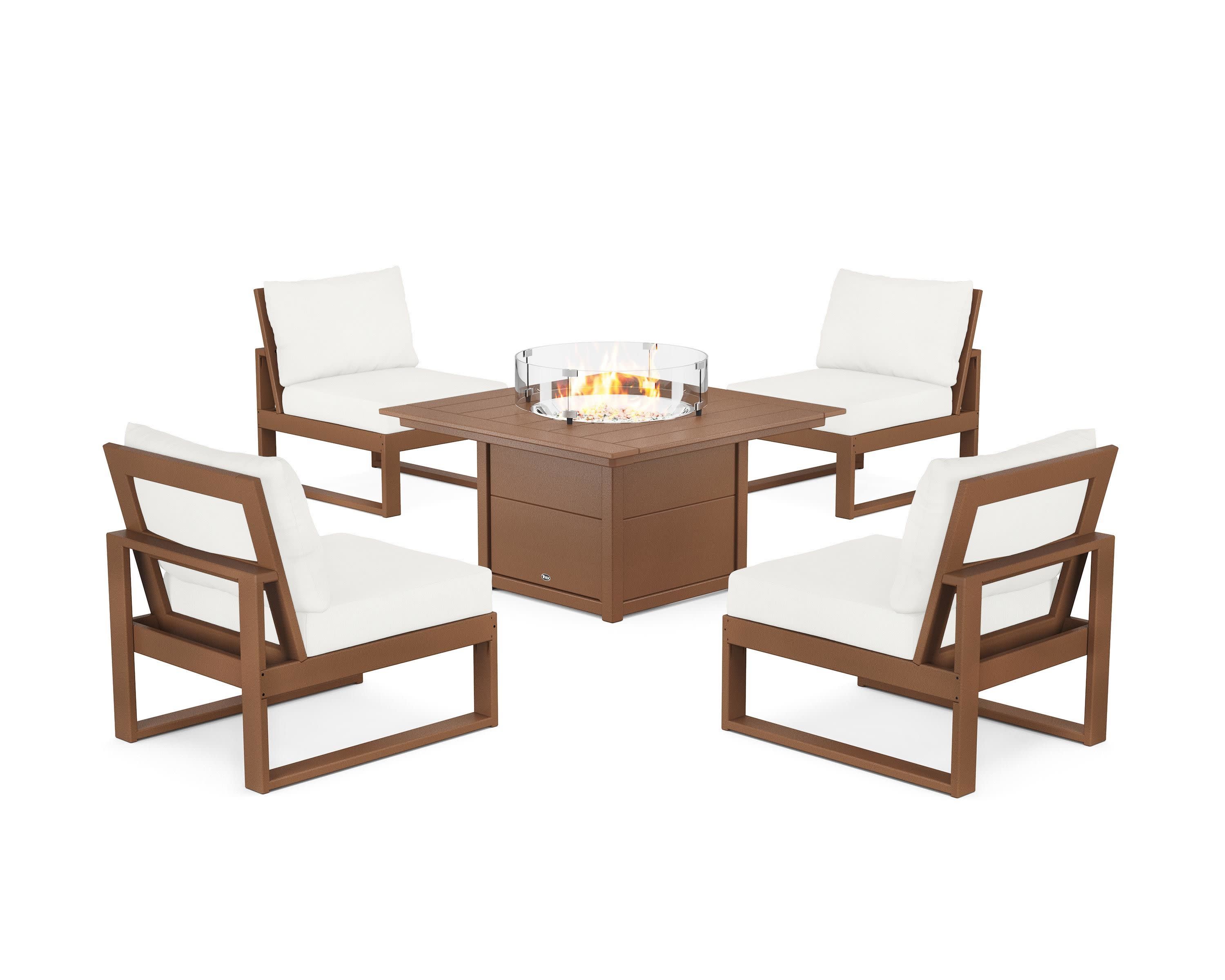 Eastport Modular 5-Piece Deep Seating Set with Square Fire Pit Table in Tree House / Natural Linen