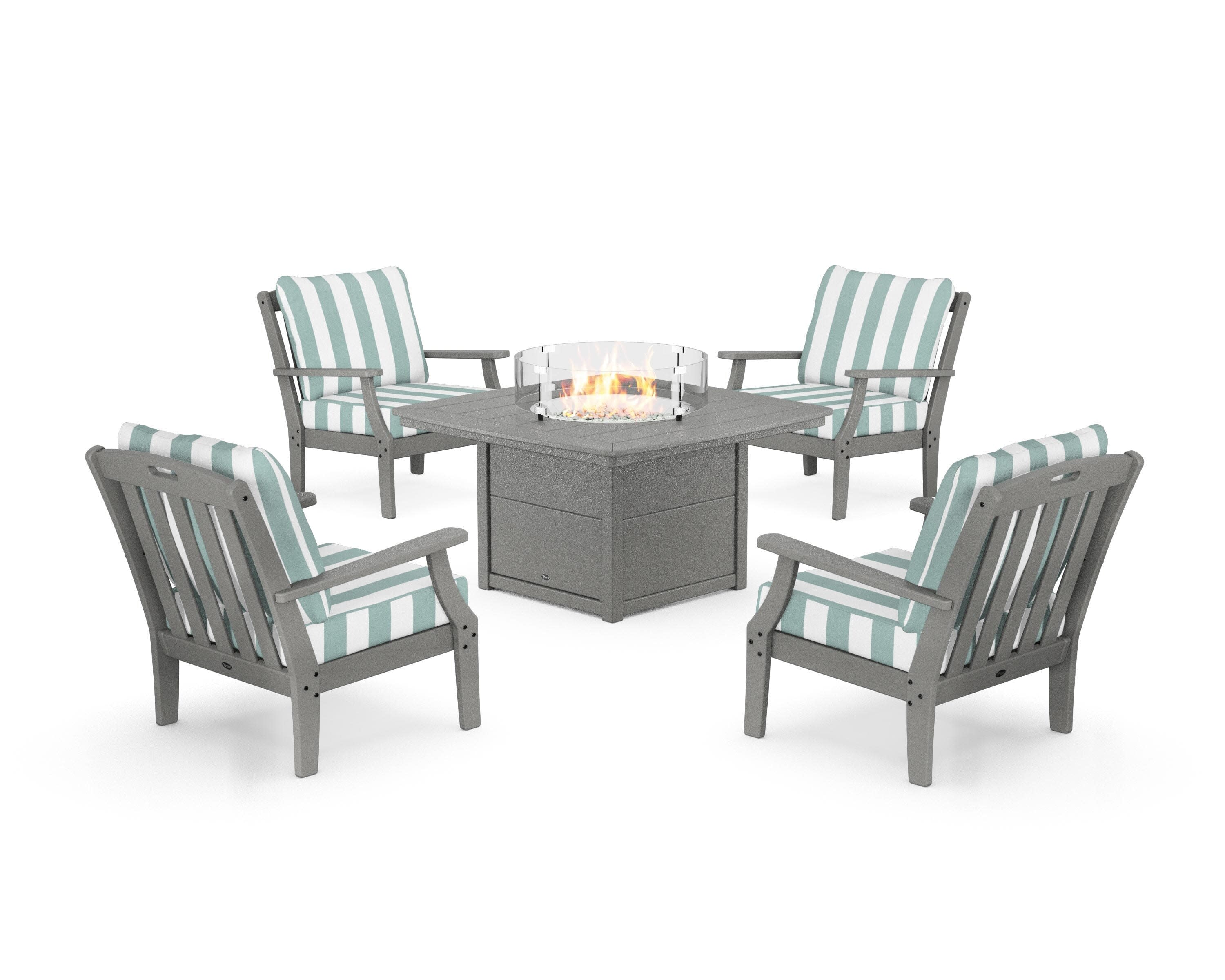 Yacht Club 5-Piece Deep Seating Set with Fire Pit Table in Stepping Stone / Cabana Stripe Glacier Spa