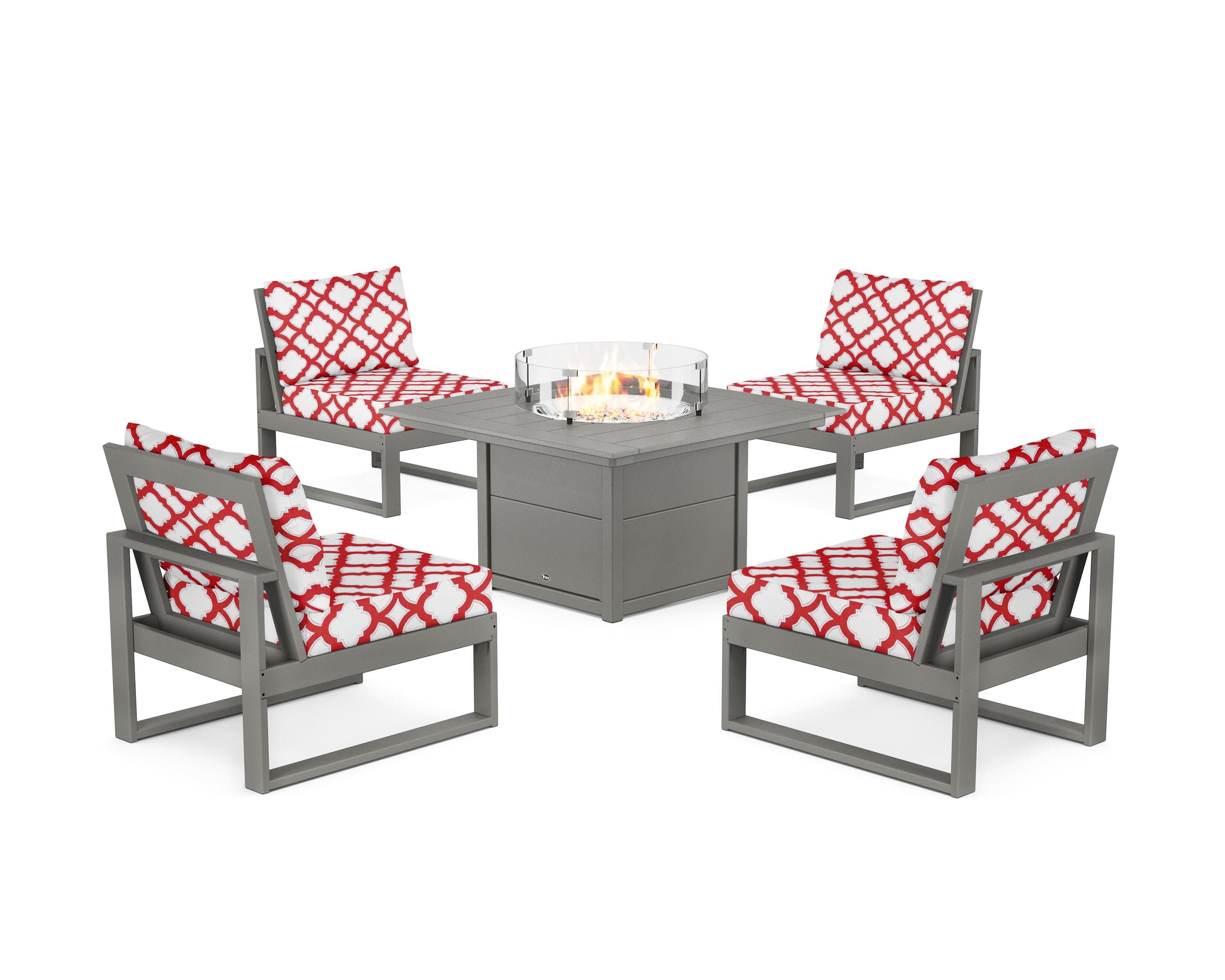 Eastport Modular 5-Piece Deep Seating Set with Square Fire Pit Table in Stepping Stone / Trellis Crimson