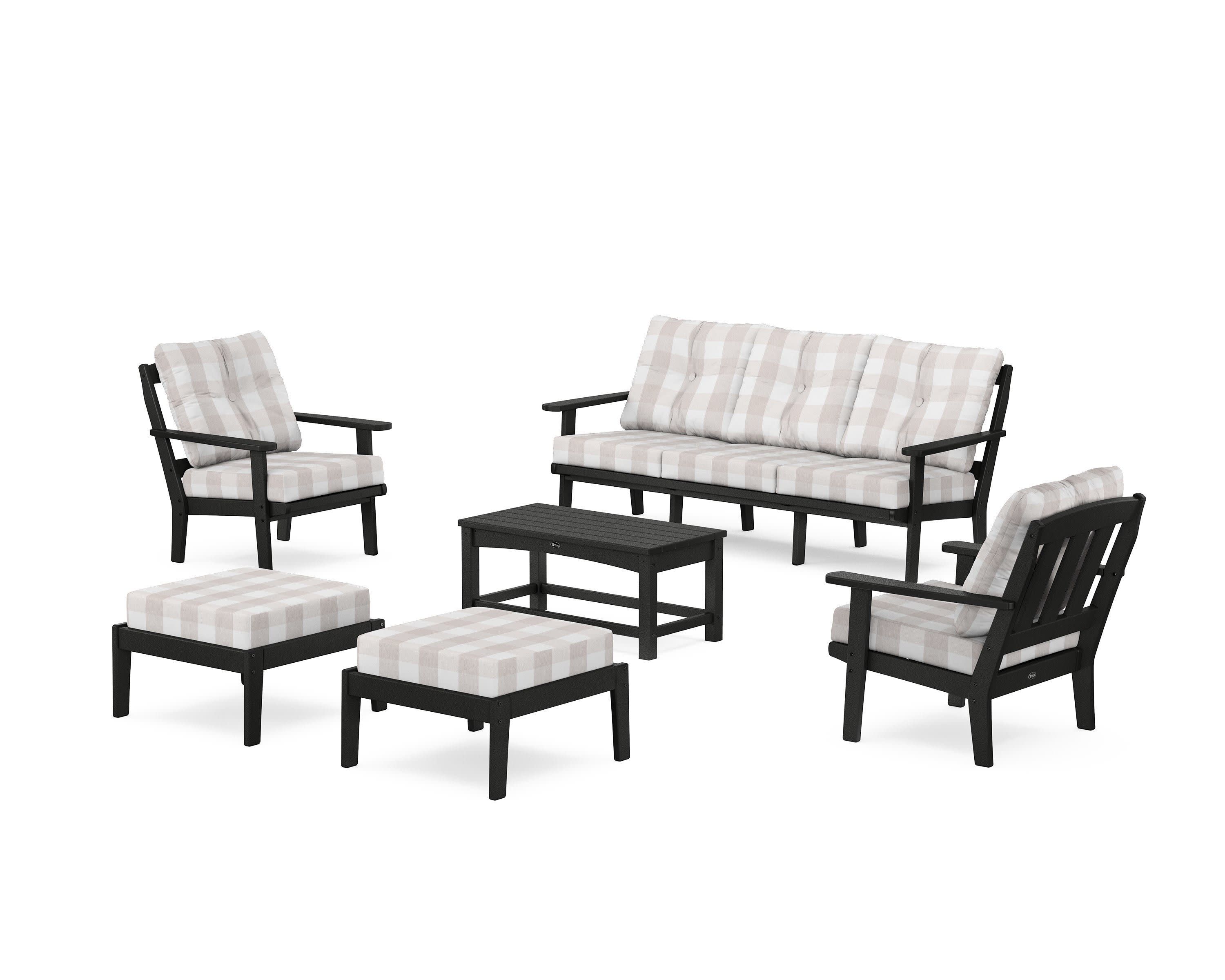 Cape Cod 6-Piece Lounge Sofa Set in Charcoal Black / Buffalo Plaid Dune Burlap