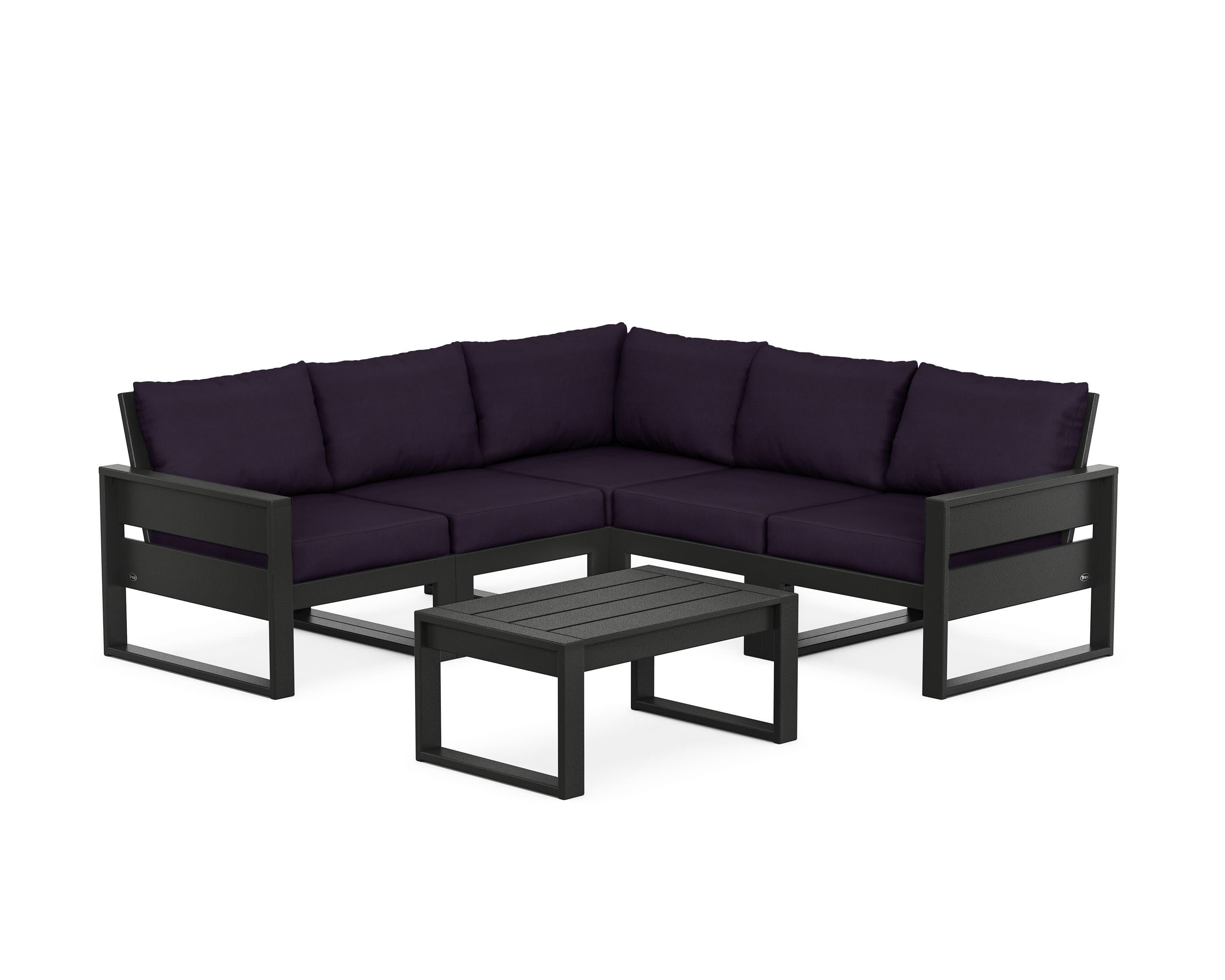 Eastport 6-Piece Deep Seating Sectional + Coffee Table Set in Charcoal Black / Navy Linen