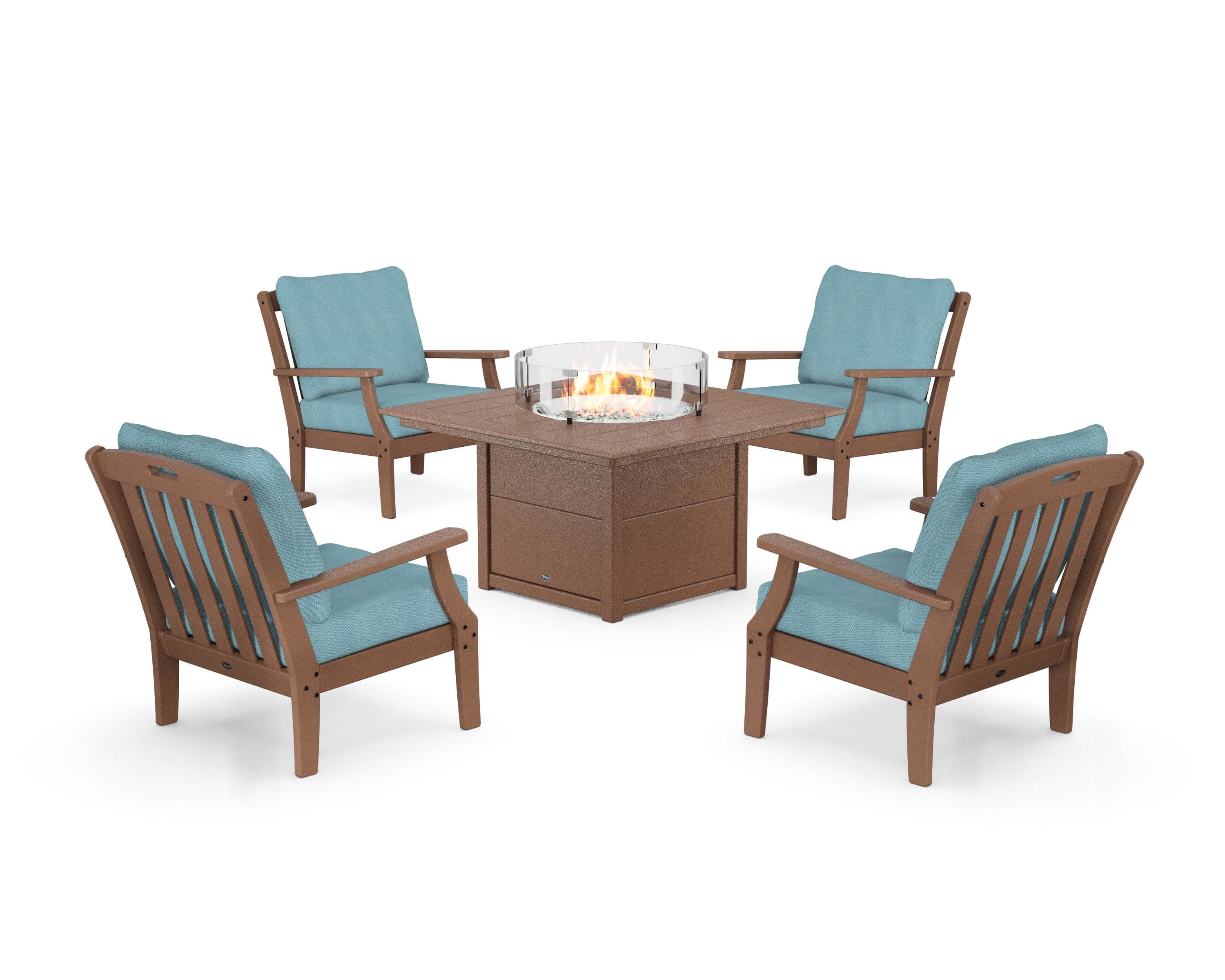 Yacht Club 5-Piece Deep Seating Set with Square Fire Pit Table in Tree House / Lattice Sky Blue