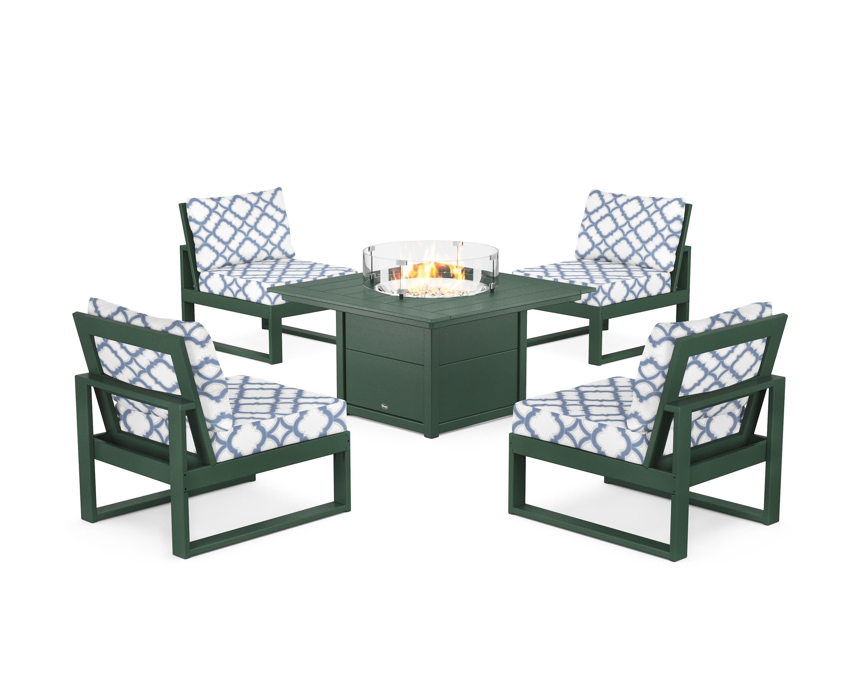 Eastport Modular 5-Piece Deep Seating Set with Square Fire Pit Table in Rainforest Canopy / Trellis Sky Blue